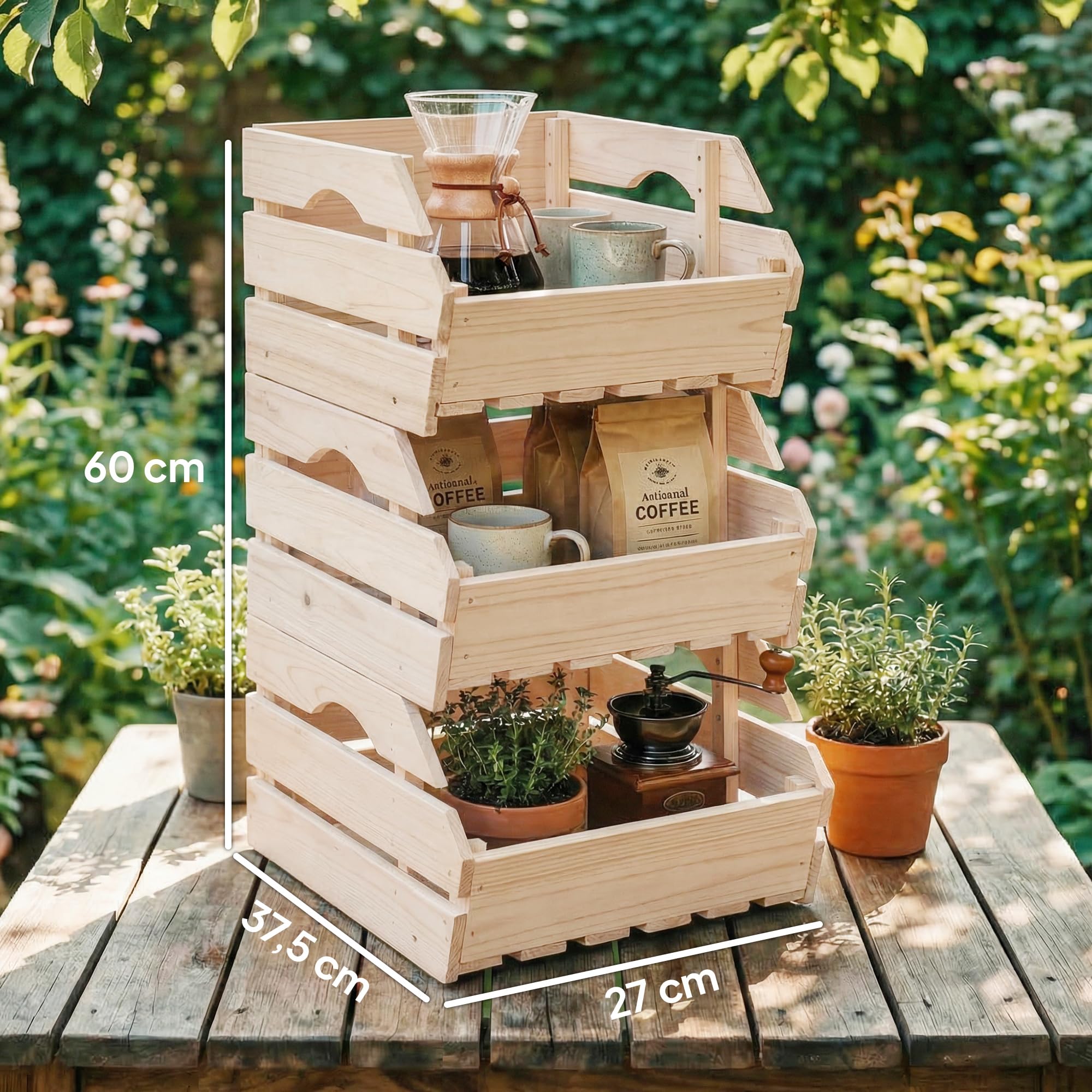 Outsunny Support de Corbeille à Fruits en Bois de Sapin à 3 Niveaux Amovibles, Panier de Rangement pour Légumes Facile à Déplacer, 27x37,5x60cm, Naturel