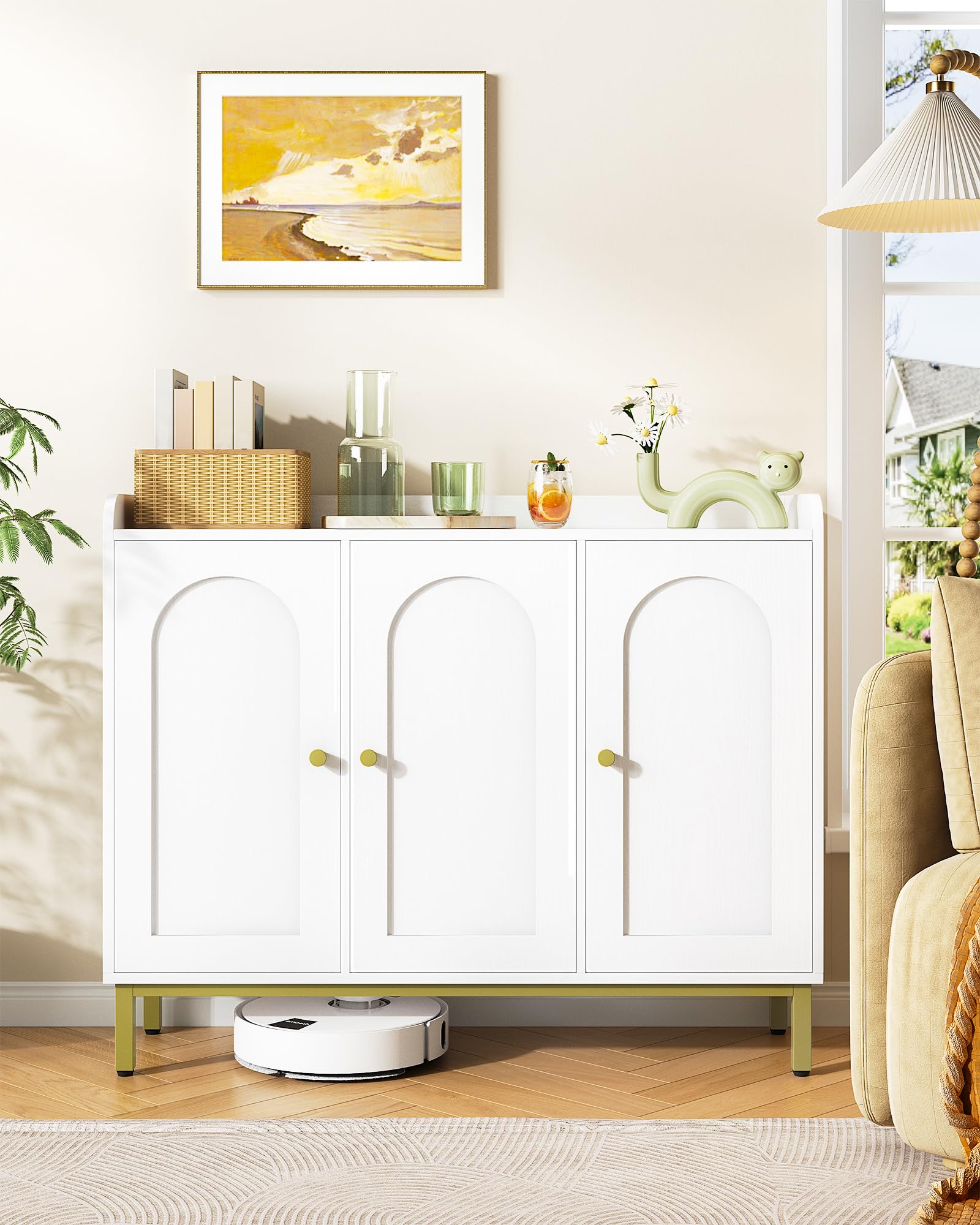Hzuaneri Aparador, Gabinete de Almacenamiento con 3 Puertas, Aparador Multifuncional con Estantes Ajustables, Mueble baño, para Sala de Estar, Cocina, 30 x 100 x 80,5 cm, Blanco SC21313G
