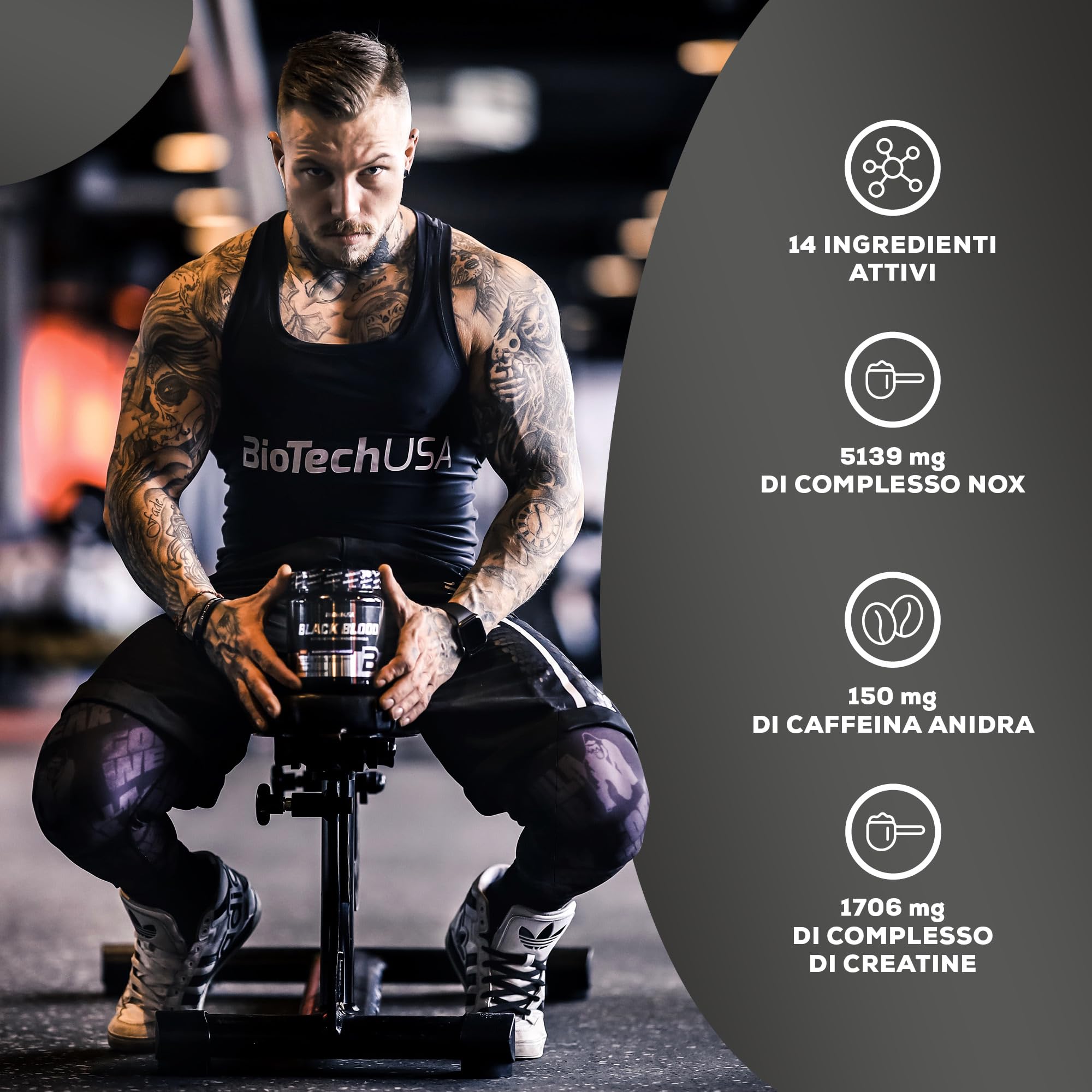 BioTechUSA Black Blood NOX+ | Formula Pre-Allenamento | con Caffeina, Creatina, Tirosina | Senza Zucchero | 340 g | Frutta tropicale