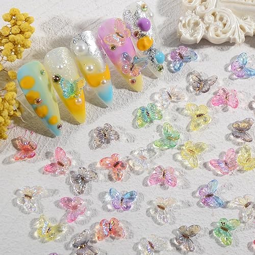 Miniatura 2 de WEILUSI 50 dijes de resina de mariposa para uñas acrílicas 3D con parte trasera plana, bonitos dijes de uñas de diamantes de imitación de mariposa
