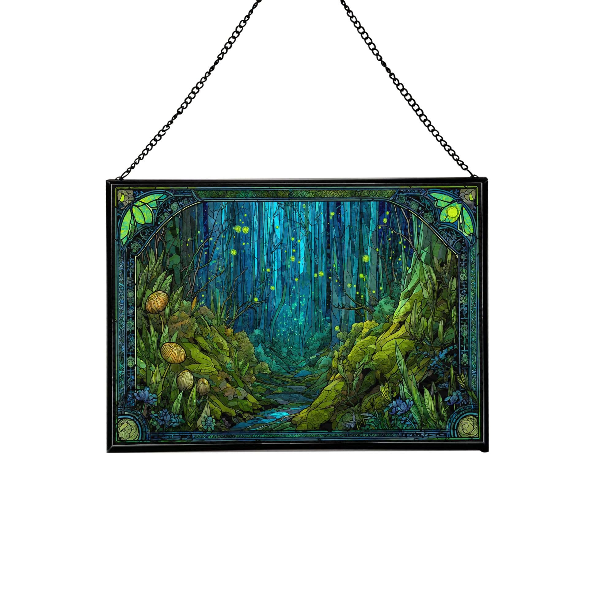 Glowworms Illuminating Forest Hollow Rectangular Stained Glass Suncatcher – Hanging Window Panel with Animal & Nature Scene – Vibrant Glass Art Gift for Wildlife, Fantasy, Nature Lovers jO0uh1