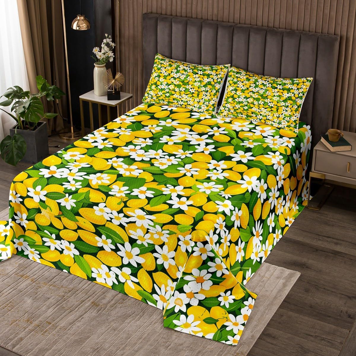 Erosebridal Lemon Bedspread Set King Daisy Flowers Floral Coverlet Set for Kids Adult Summer Fruit Tropical Bedding Set Green Yellow Lemons Leaves Bed Set with 2 Pillow Cases
