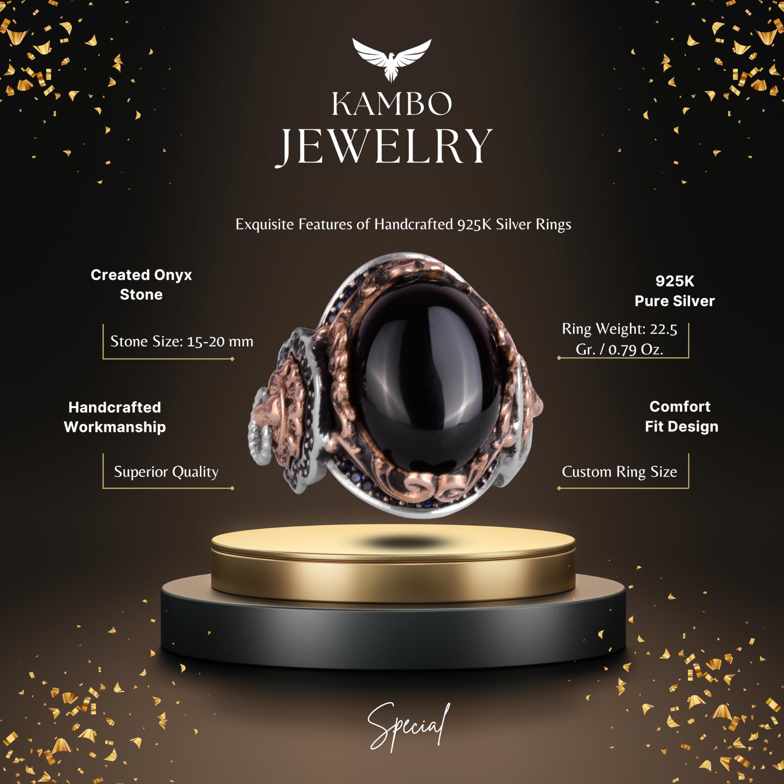 KAMBO Anillo de piedra creada, anillo de plata de ley 925 K para hombre, hecho a mano, elegante anillo de plata hecho a mano, Plata, Piedra creada con ónix