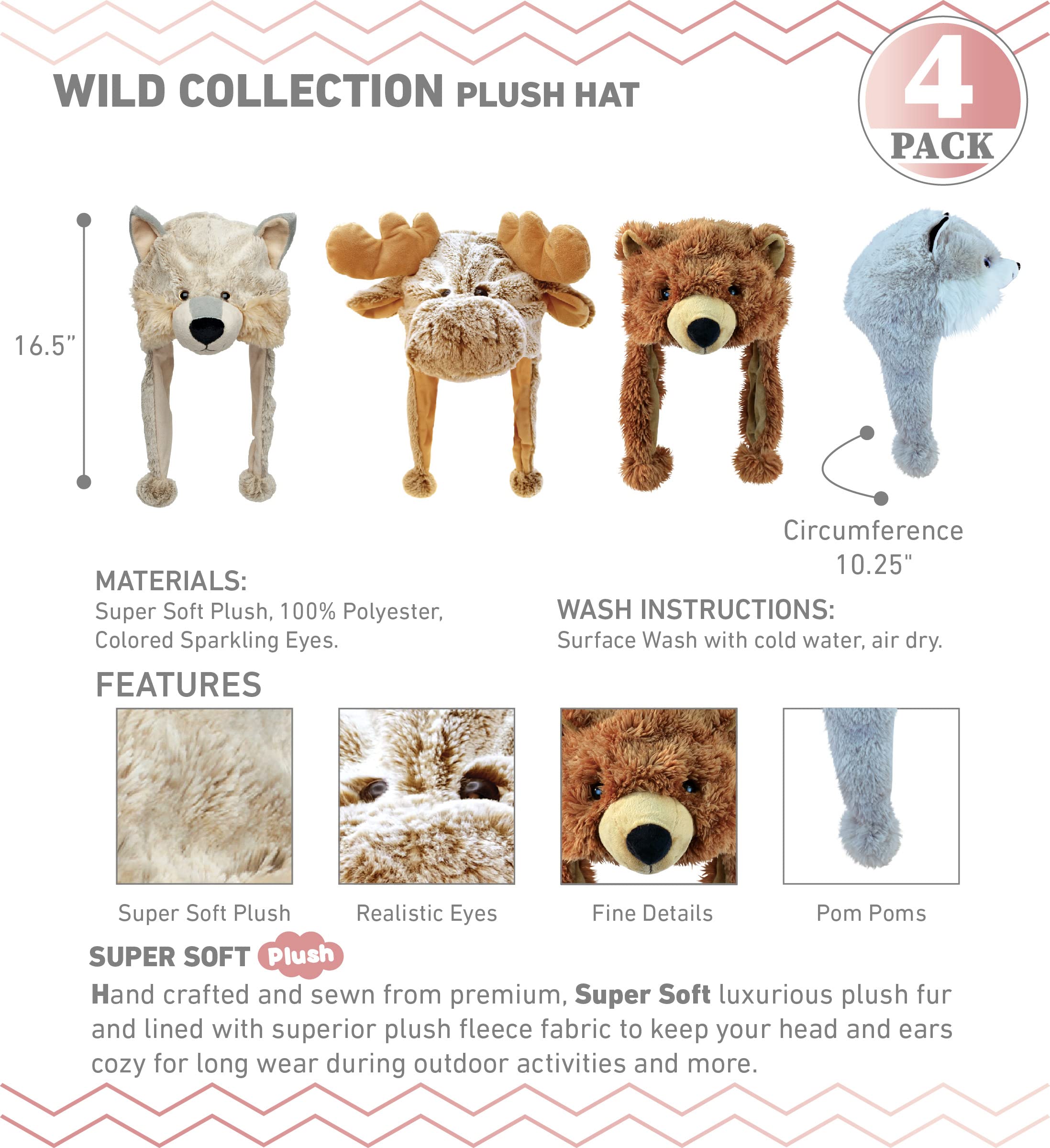 DolliBu Wild Plush Hats Set of 4 – Moose, Wolf, Grizzly Bear, and Husky Warm Hat with Ear Flaps, Plush Party Crazy Hat, Stuffed Animal Halloween Costume Toy Hats, Cozy Fleece Winter Hats – 1 Size