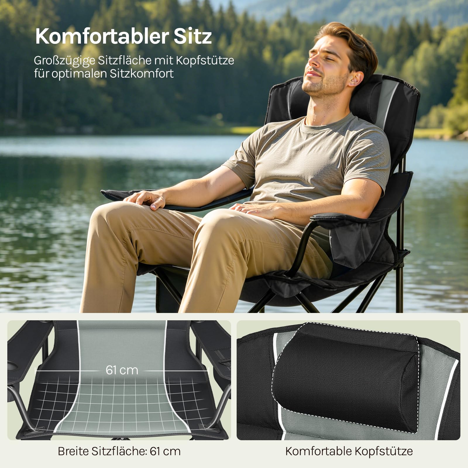 WOLTU Klappbarer Campingstuhl Hochrückig mit Kühltasche, Kopfstütze & Getränkehalter, Angelstuhl Gartenstuhl, Campingsessel bis 180kg Tragkraft, Wasserdicht 600D Oxford