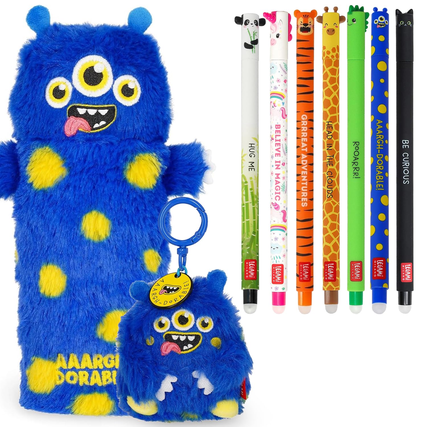 LEGAMI Ensemble de 7 stylos à gel effaçables + étui à crayons super doux + porte-clés peluche en cadeau | Fournitures scolaires pour enfants, adolescents et étudiants | Jolis designs de thème animal