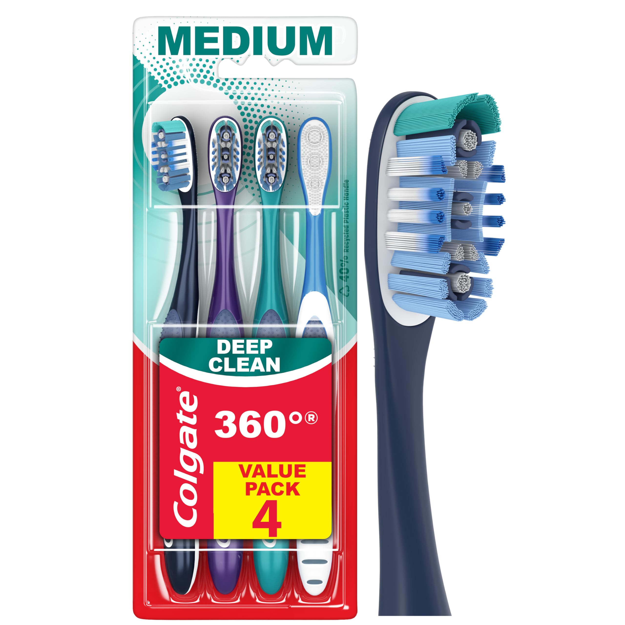 Colgate 360 Whole Mouth Clean, Medium Toothbrush for Adults, 4 Pack, Packaging May Vary