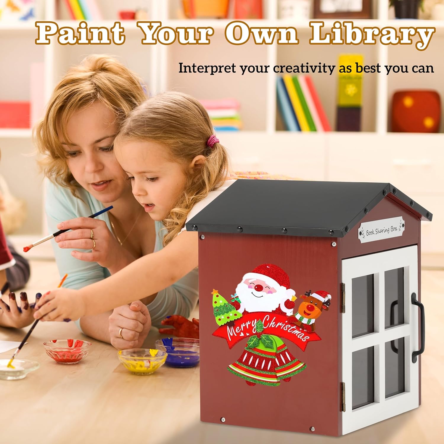 Little Library Box Outdoor: Natural Wood Free Library with Reinforced Waterproof Roof DIY Book Sharing Storage Box for Outside Neighborhoods Community Schools (Red Gable Roof)