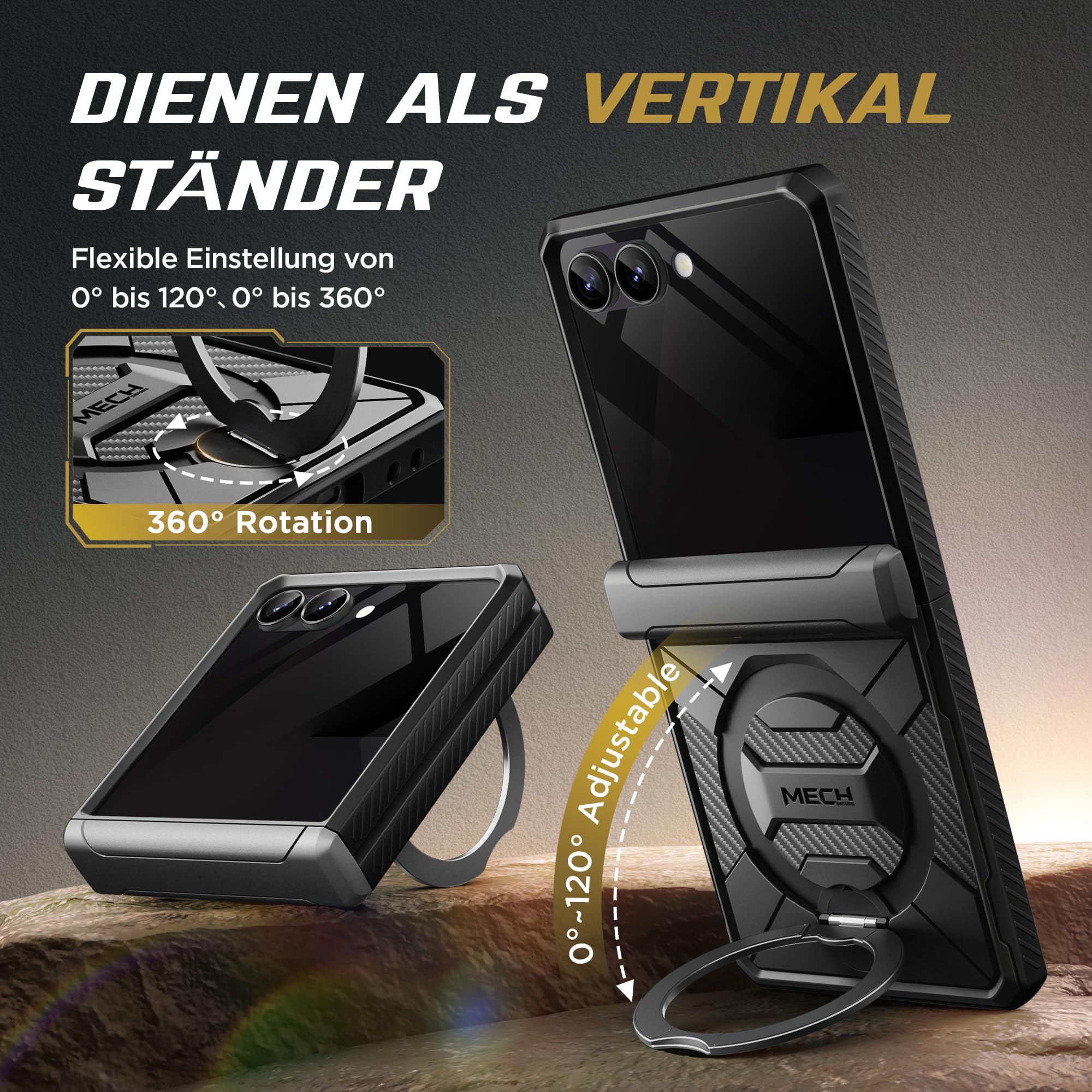 Tongate 360°Drehbarer Magnetständer für Z Flip 7 Hülle mit Privatsphäre Bildschirmschutz, [Kompatibel mit MagSafe] [Anti-Rutsch] [Scharnier Schutz] Ganzkörper Stoßfest Samsung Z Flip 7 Hülle, Schwarz | Kompatibel mit Magsafe, Anti-Spionage-Schutzhülle für