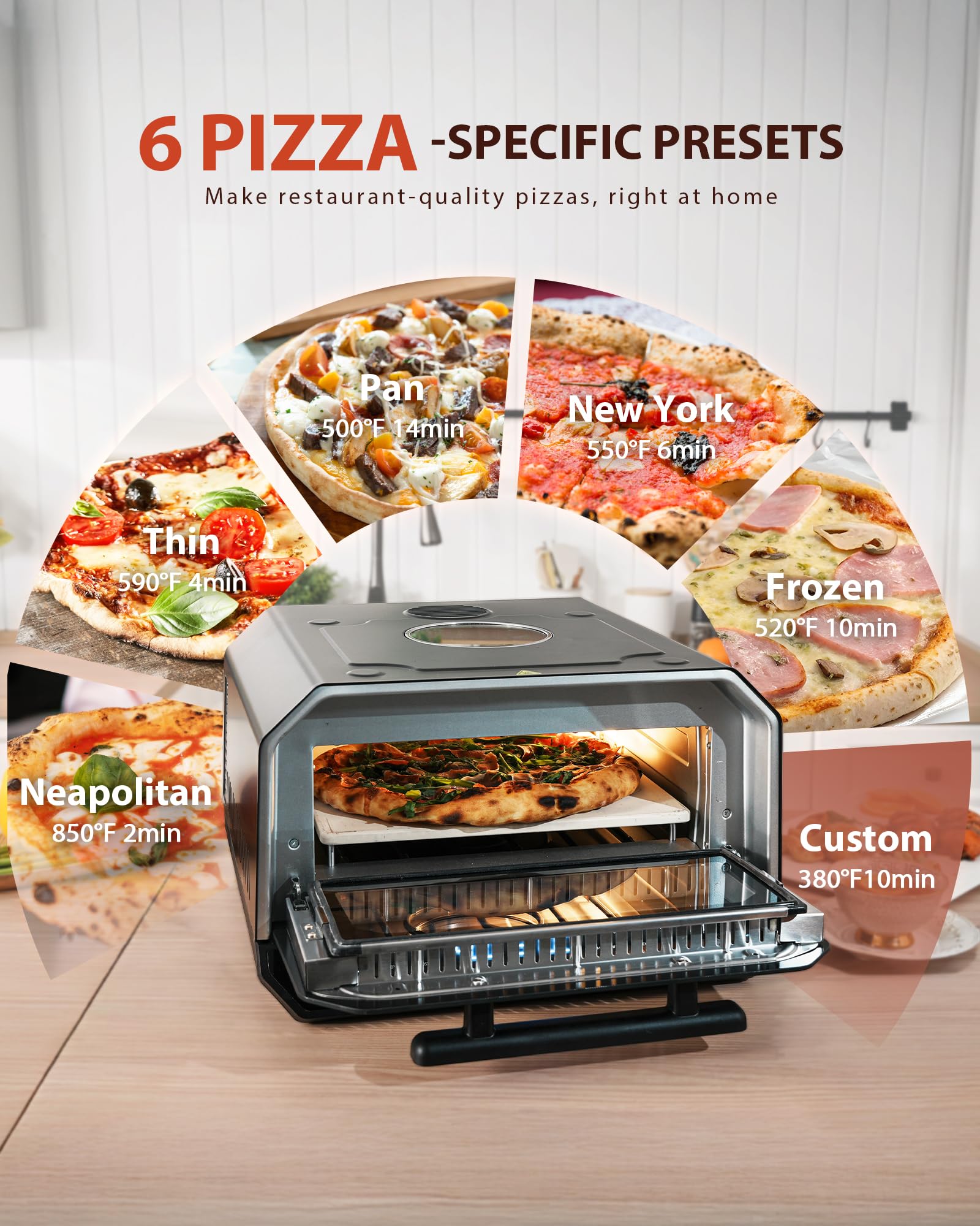 Indoor Pizza Oven, 12 Inch Toaster Ovens Countertop in 90 Seconds, Heats up to 850°F Pizza Maker, 6 Touchscreen Presets Easy Bake Oven with Pizza, Baking Tray & Pizza Stone Peel Included-Black - Additional View
