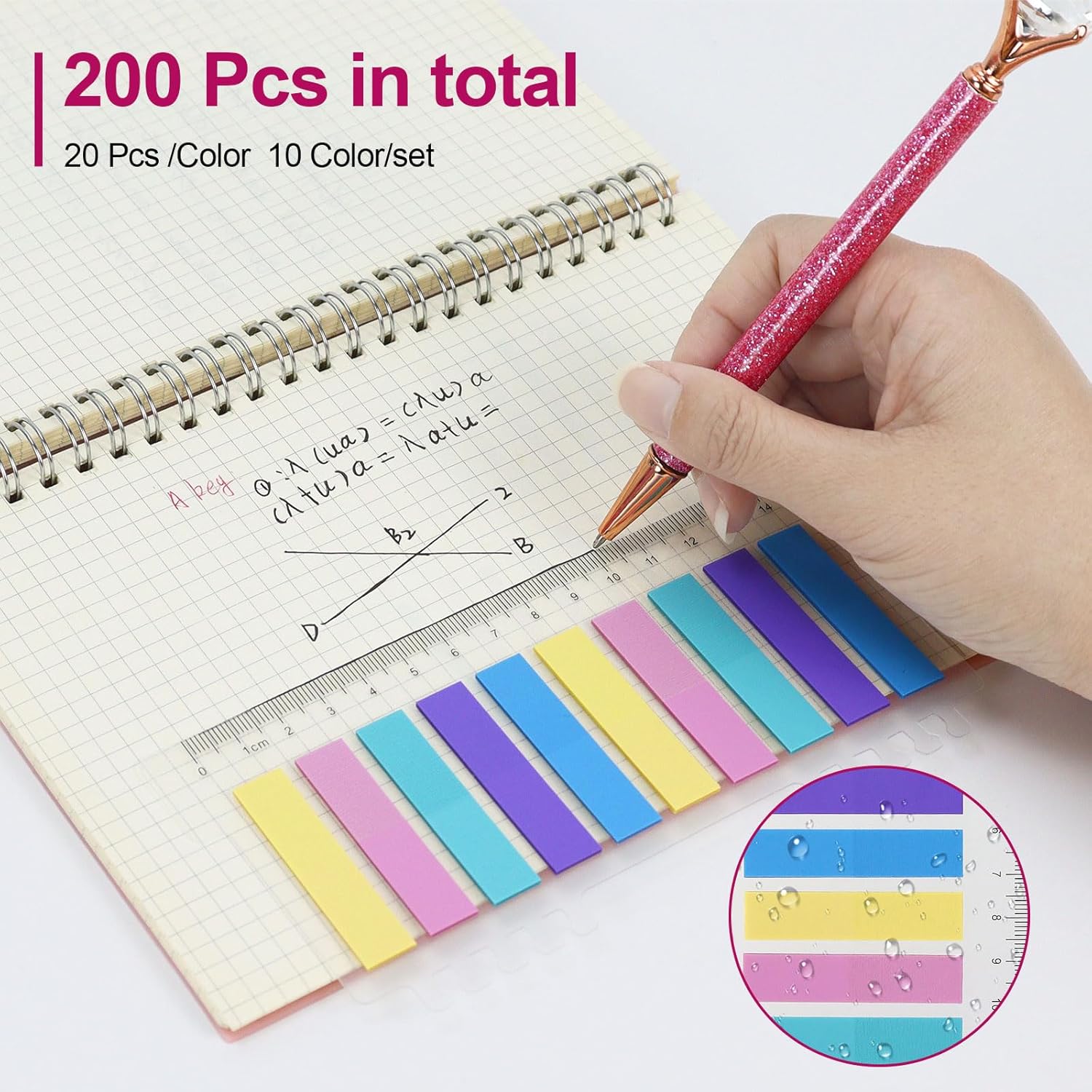 MultiBey Pink Rhinestone Bling Desk Organizer with Drawer, 200 Sheets Pastel Glitter Sticky Notes Set with Romantic Index Tabs with Ruler, Aesthetic Pink Desk Accessories for Women Girls Students