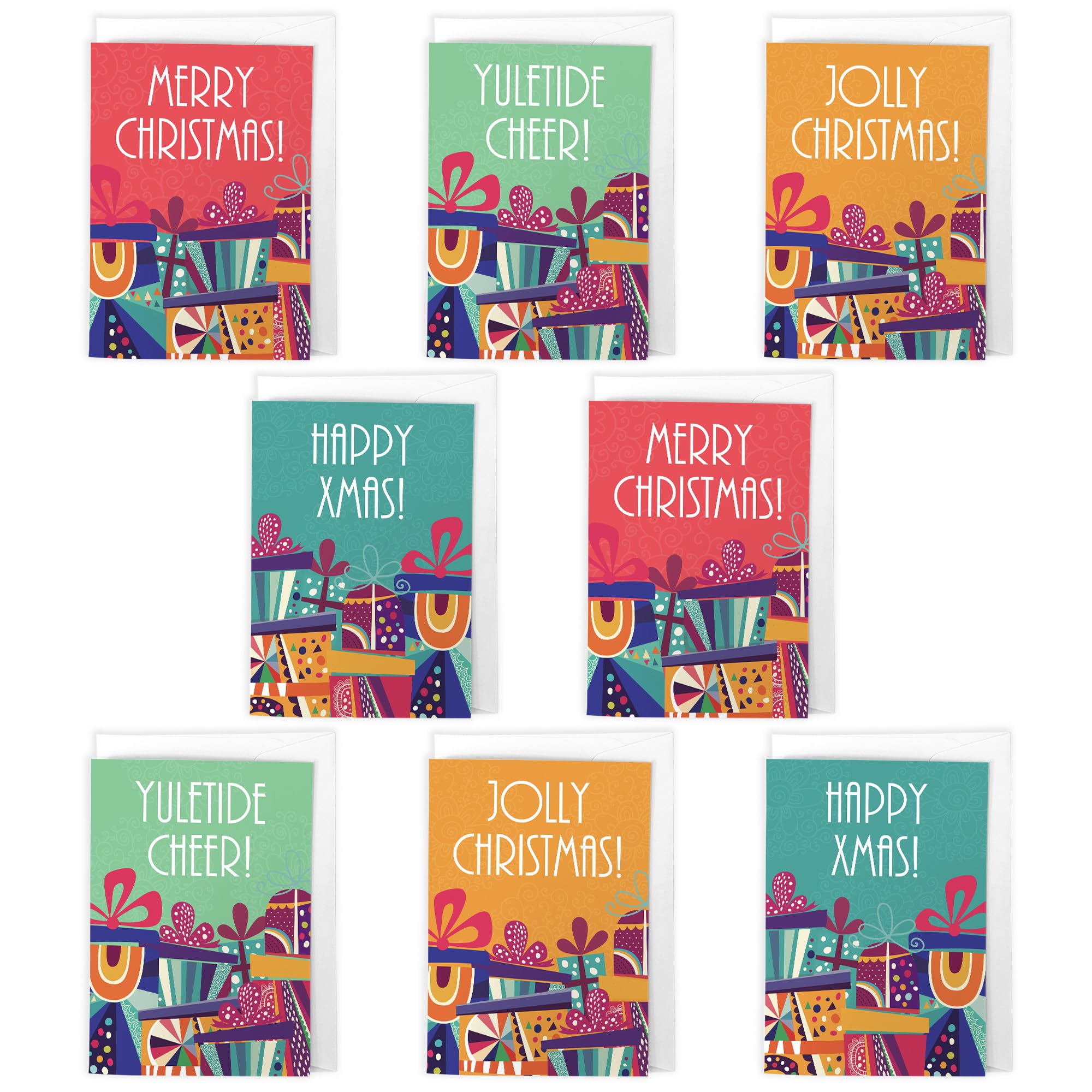 Christmas Cards Set of 8 - A6 Size - Festive Greetings Colourful Presents