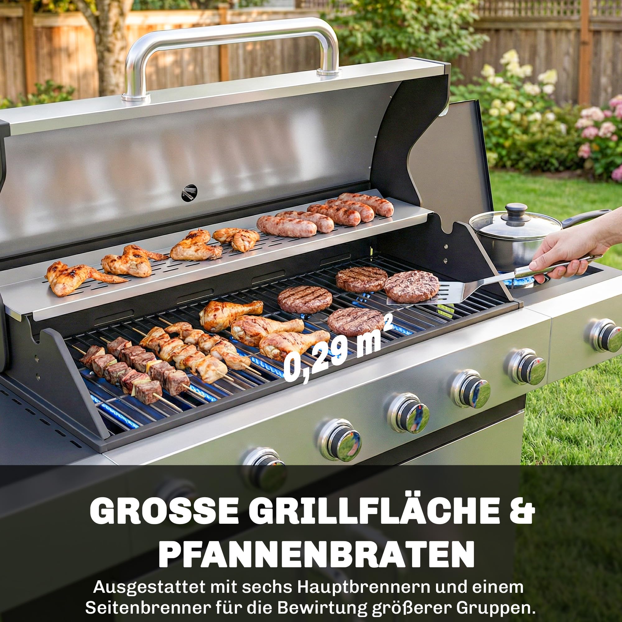 Outsunny Gasgrill 18,6 KW 6+1 Brenner BBQ Grillwagen aus Edelstahl inkl Rolle Seitenbrenner Thermometer Gusseisen-Grillrost Warmhalterost Seitentisch Unterschrank Gas-Grill für Balkon BBQ Party