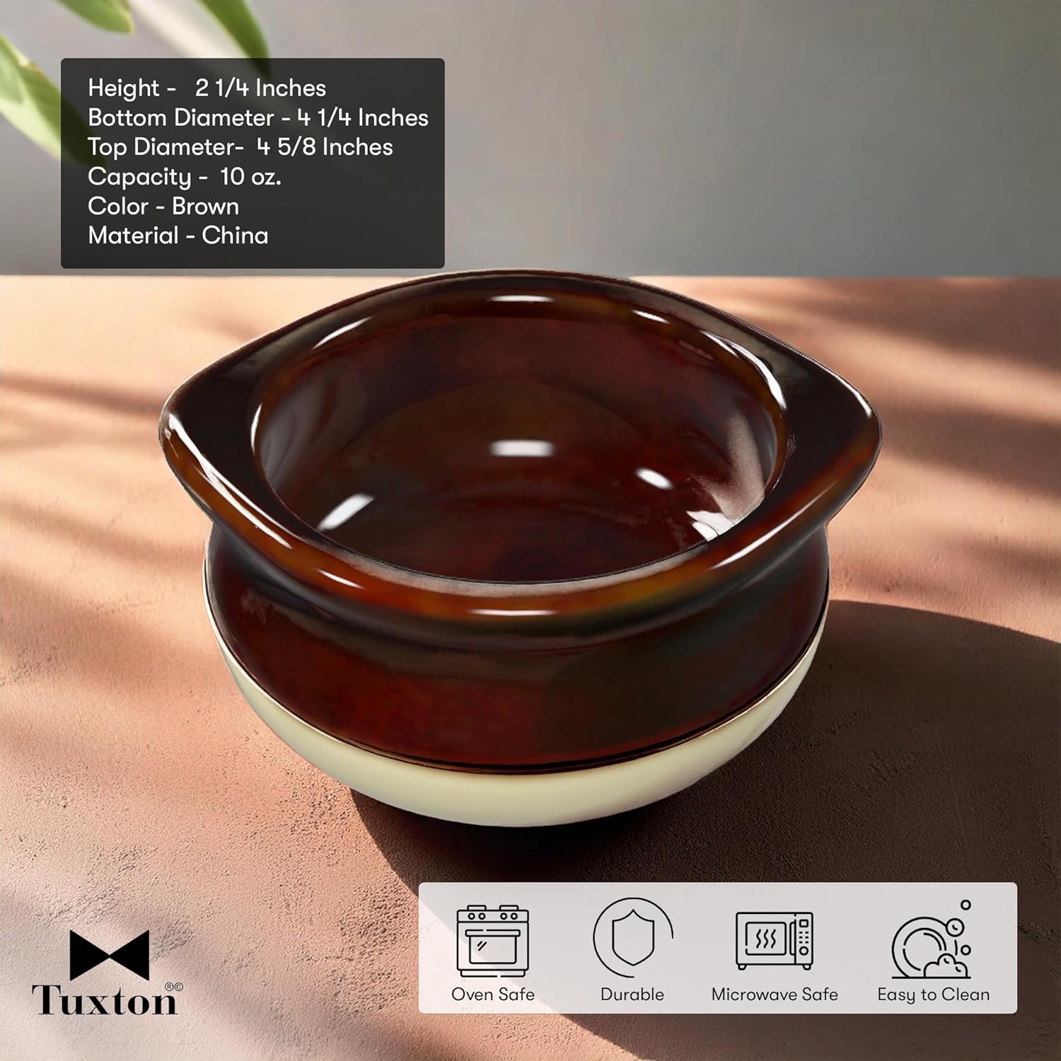Tuxton China B6S-1003 Onion Soup Crock, 10 oz., 4-5/8" x 4-1/4" x 2-1/4"H, Microwave and Dishwasher Safe, Oven Proof, Fully Vitrified, Ceramic, DuraTux, Two Tone, Pack of 12