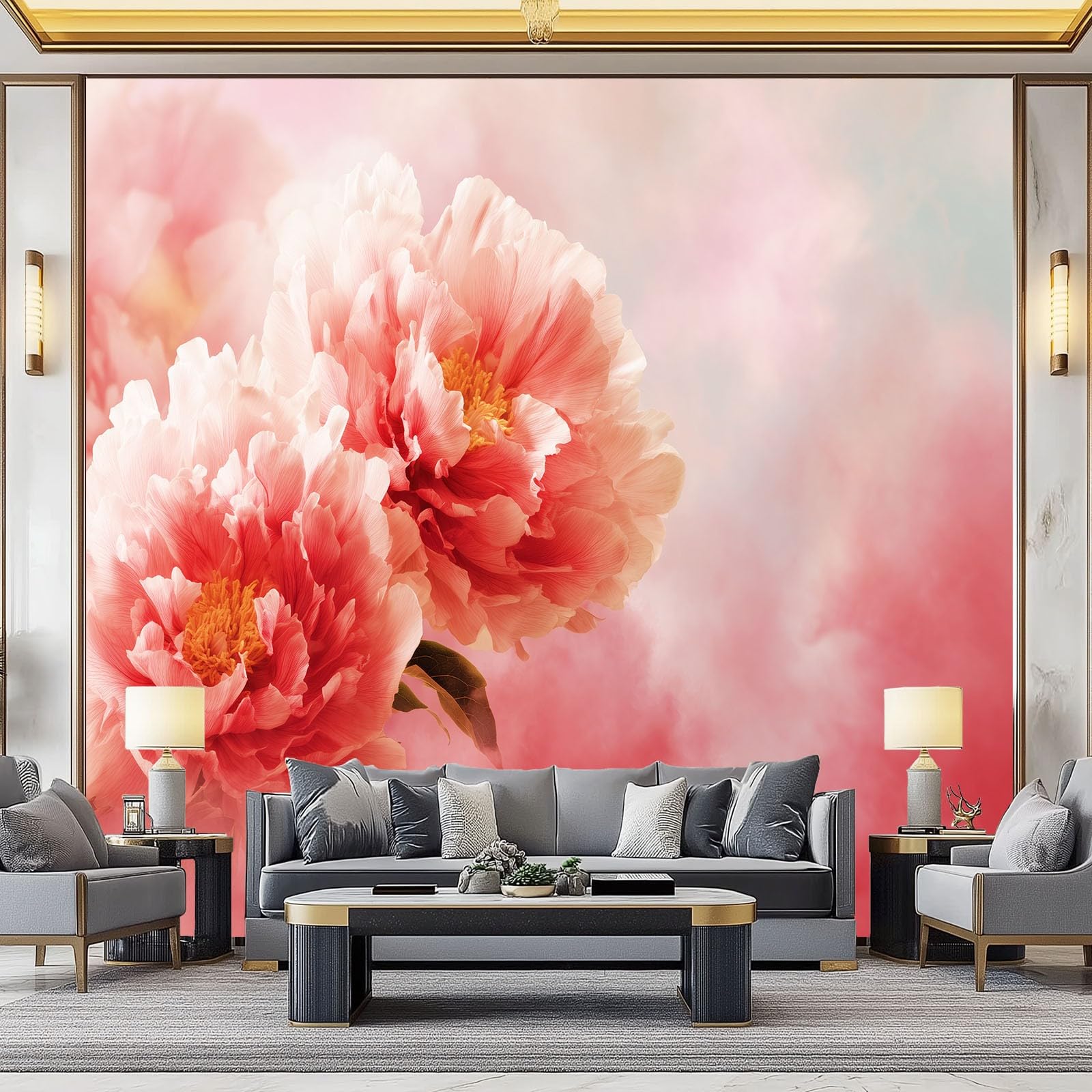 Generisch Tapeta panoramiczna, delikatne rozmarzone kwiaty, jasnoróżowa tapeta z włókniny, tapeta ścienna do biura, korytarza, sypialni, salonu, dekoracja ścienna – 350 x 256 cm (szer. x wys.)