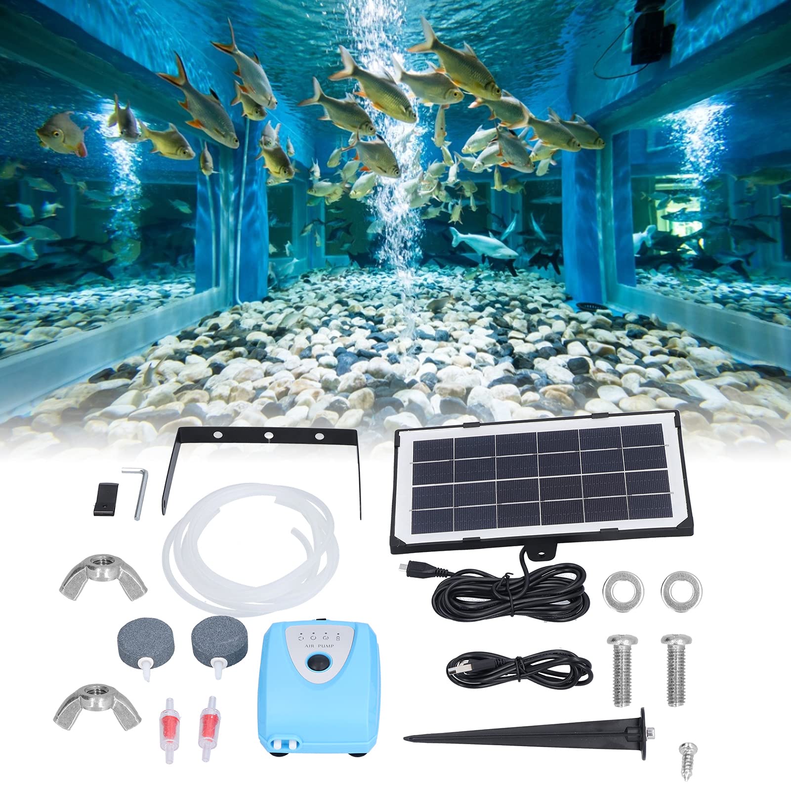 FTVOGUE Solarbetriebener Sauerstoffgenerator aus Messing und Kunststoff, Teichbelüfterpumpe, 3,7 V, 4000 MAh, 15 Stunden Laufzeit, 2 Modi, USB und Solaraufladung, für Aquarien, Teiche, Angeln Im