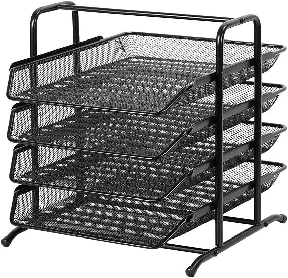 EasyPAG 4 Tier A4 Mesh in Tray Office Desk Tidy File Holder Document Storage Letter Paper Organiser,Black