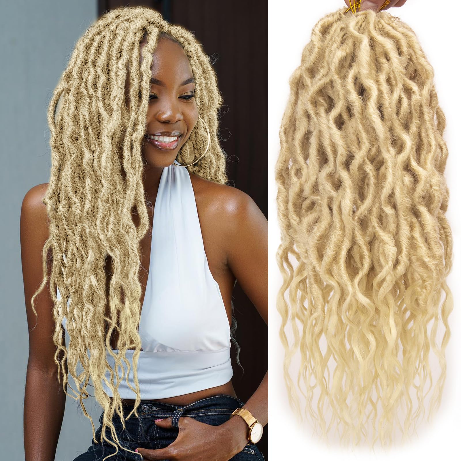 Faux Locs Crochet Hair 18Inch Goddess Locs Crochet Hair, Blonde Crochet Hair Pre Looped Soft Locs Curly Ends Dreadlock Extensions Faux Crochet Locs Synthetic Crochet Braids (613#, 18'')