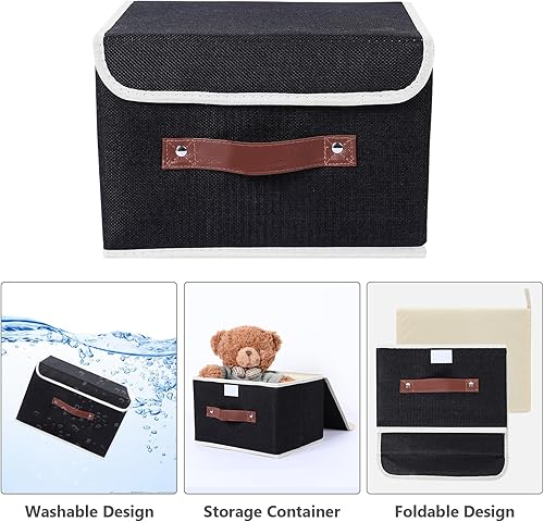 Miniatura 3 de Lucky Monet Contenedores de almacenamiento plegables con tapas, caja de almacenamiento de tela de lino con asas de piel sintética, moderna, negra,
