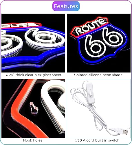Miniatura 4 de Route 66 Letrero de neón histórico de Estados Unidos High Way acrílico LED para decoración de pared de dormitorio, luz de neón azul, sala de juegos,