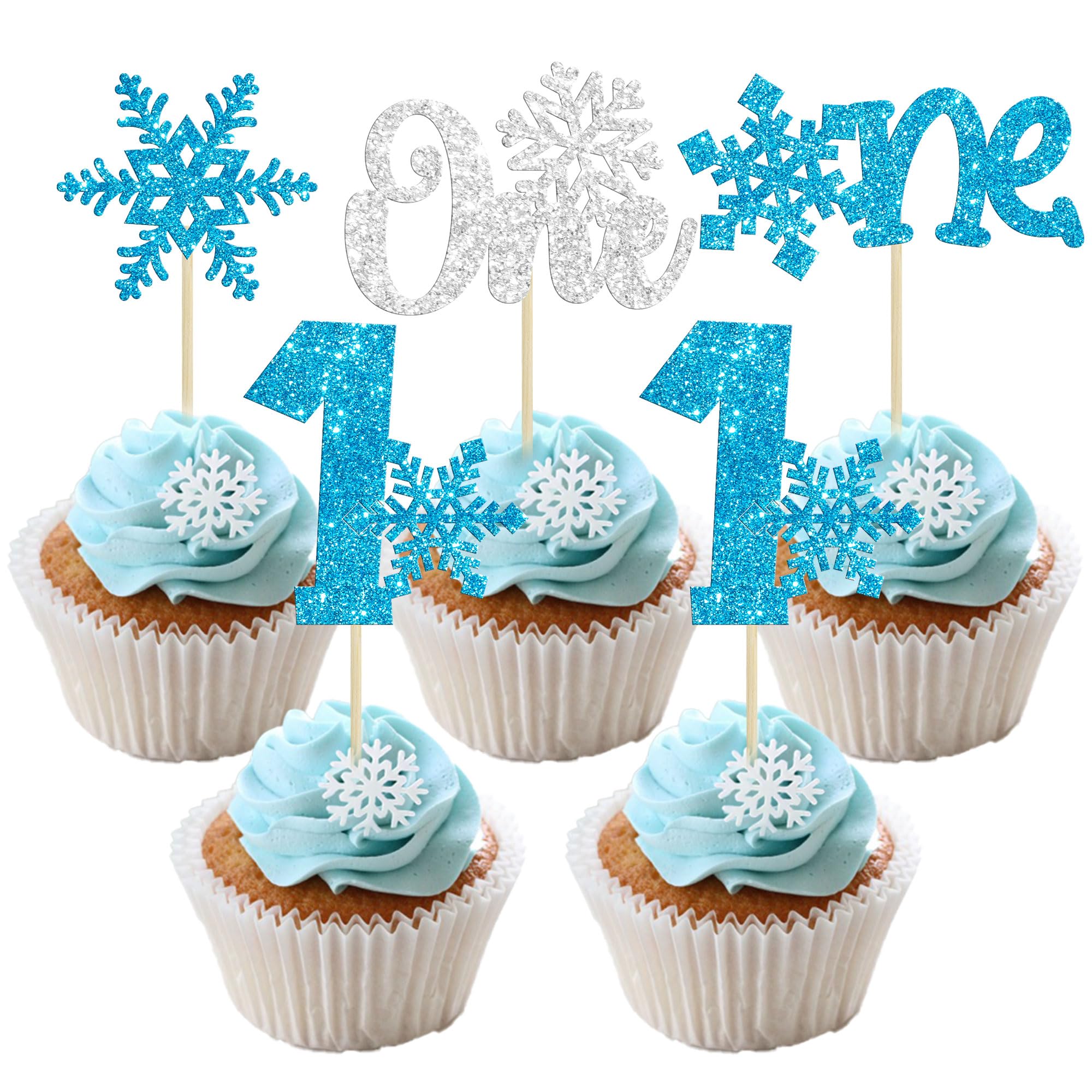 Gyufise Cupcake-Topper Schneeflocken – 24 Stück, Blau-silber Glitzernd, Für Winterparty, 1. Geburtstag, Babyshower