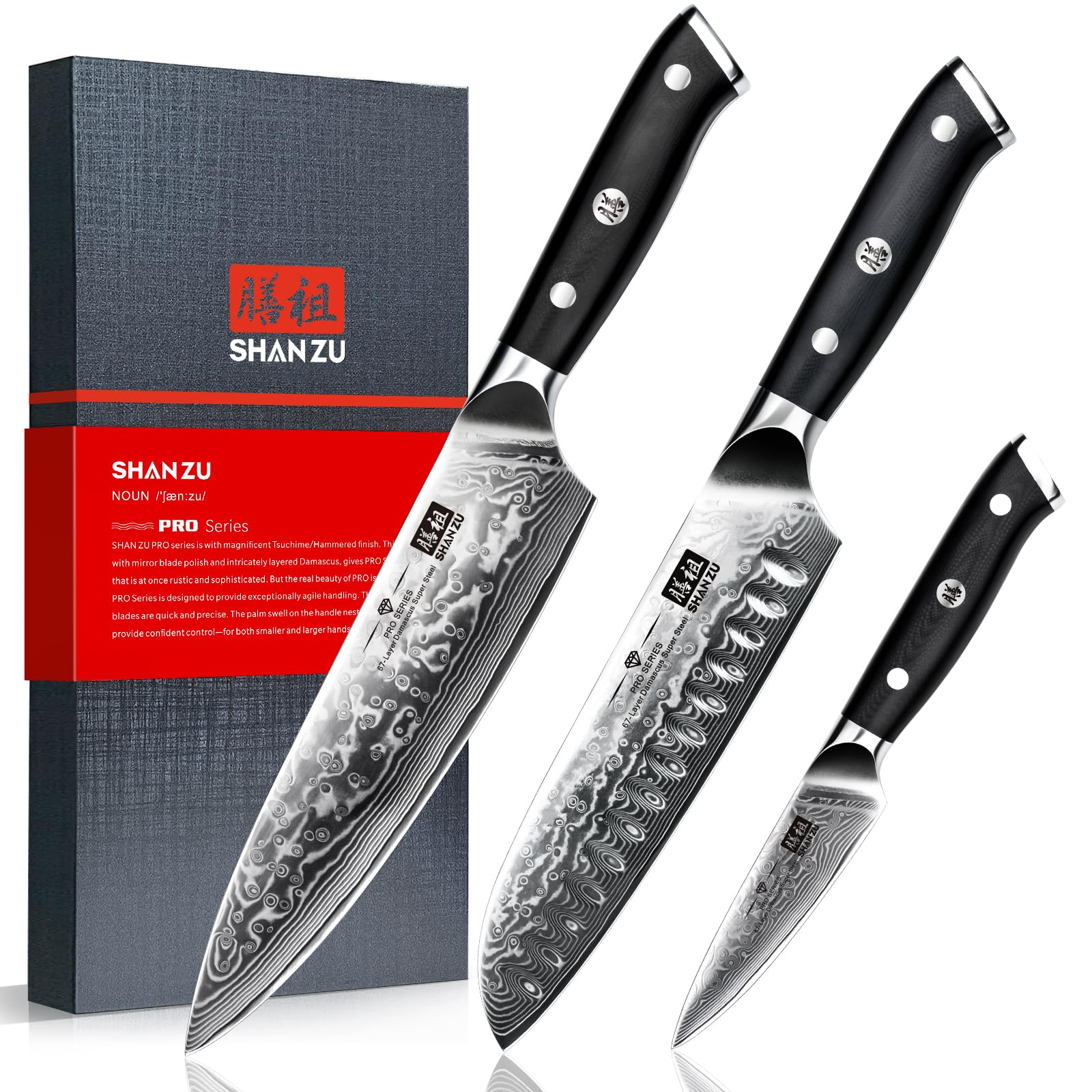 SHAN ZU Damastmesser Set 3-teilig, japanisches Damast Küchenmesser Set | scharfer Klinge aus 67 Lagen Damaststahl, kohlenstoffreichem Stahlkern, G10-Griff & Geschenkbox – PRO Series