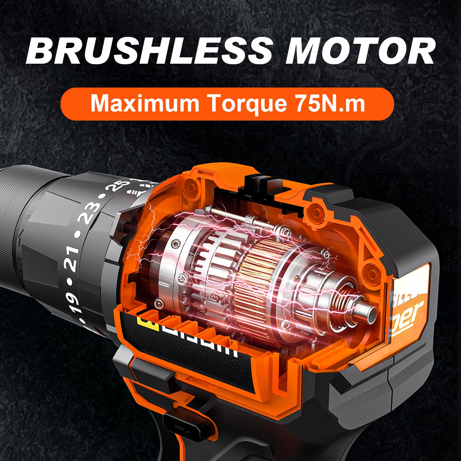 Taladro a Batería 21V, Kit Taladro Inalámbrico Con 2 Baterías, Motor Brushless 1200W 75Nm, 25+3 Niveles, Mandril 13mm, 2 Velocidades, Gran LED, 29 Accesorios Para Hogar & DIY de Jardín (aire)