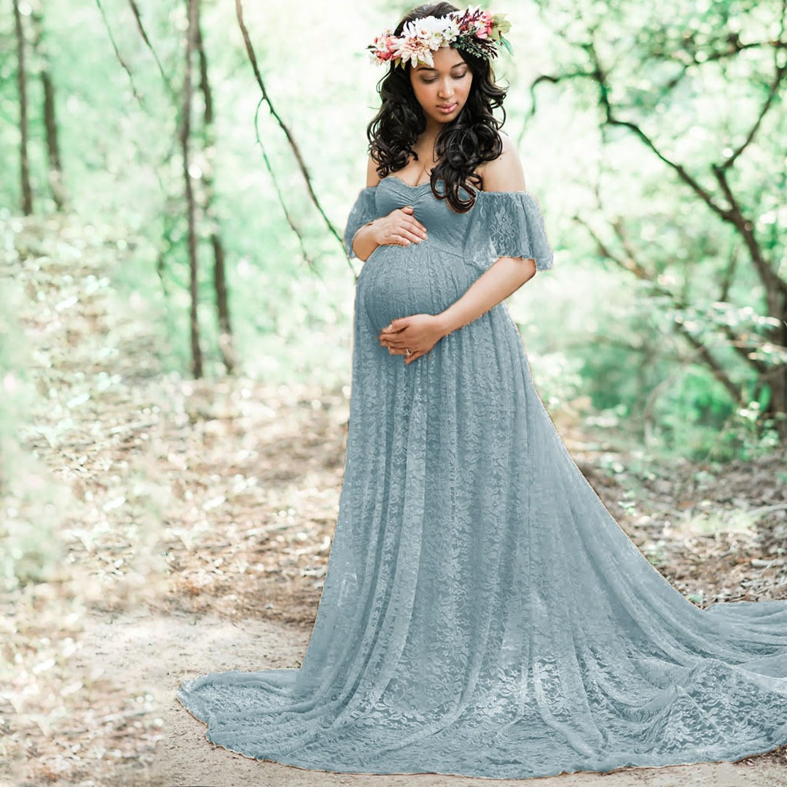 Abito da gravidanza in pizzo con elegante accento lungo fino al pavimento, per uso quotidiano, occasioni speciali, abito premaman in pizzo confortevole