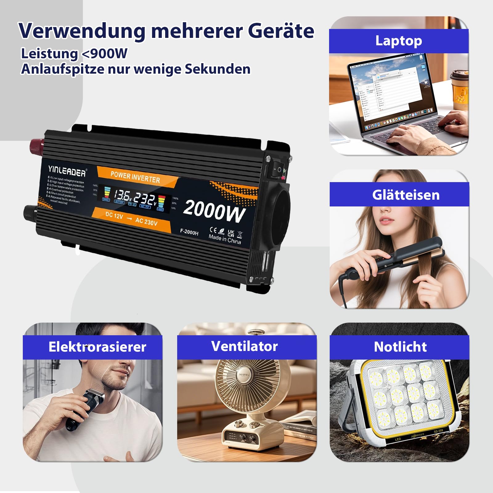 Yinleader inverter 12v 220v Onda sinusoidale modificata Convertitore 900W 2000W trasformatore di tensione LCD USB - Nero