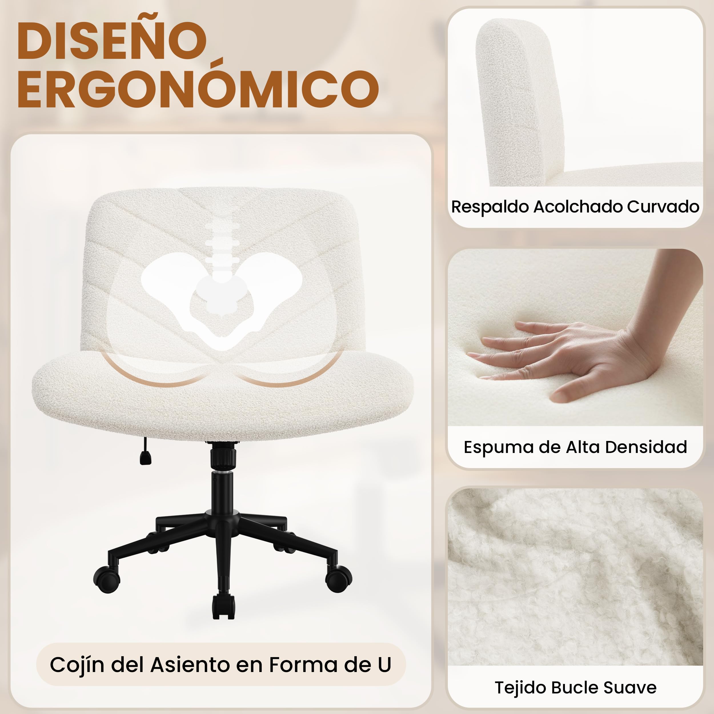Yaheetech Silla de Oficina con Reudas, Silla Piernas Cruzadas con Función Mecedora, Ancha Sila de Escritorio para Juegos, Silla de Maquillaje sin Brazos para Casa, Marfil