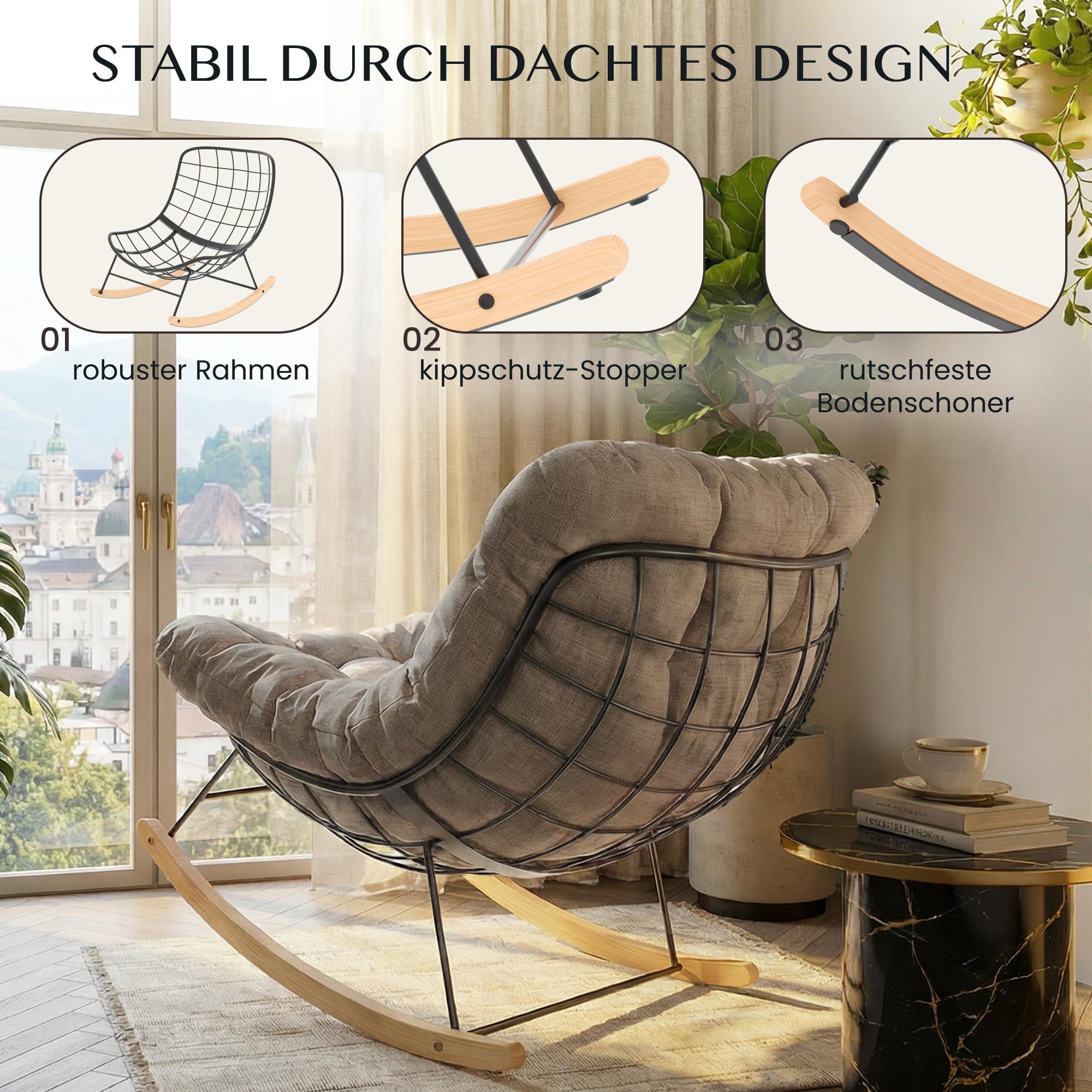 FLEXISPOT Sedia a Dondolo da Giardino, Poltrona Relax Ergonomica con Poggiatesta Imbottito, Struttura in Metallo Robusta, per Balcone, Terrazza e Soggiorno