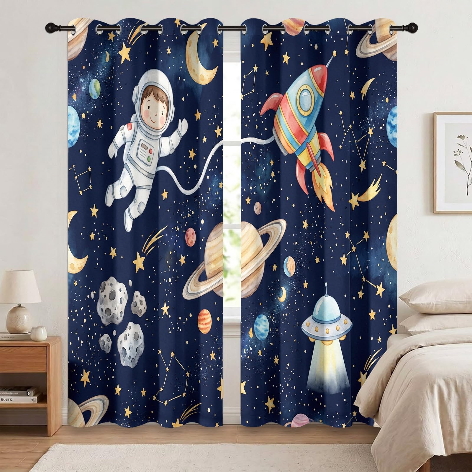 Rideaux Occultant Espace Véhicule, Rideaux Occultant Fusée Spatiale Ludiques en Dessin Animé Rideau Thermiques Isolant Anti Froid et Chaleur Rideau à Oeillets pour Pépinière, 2 PCS, 91.5L X 214H cm