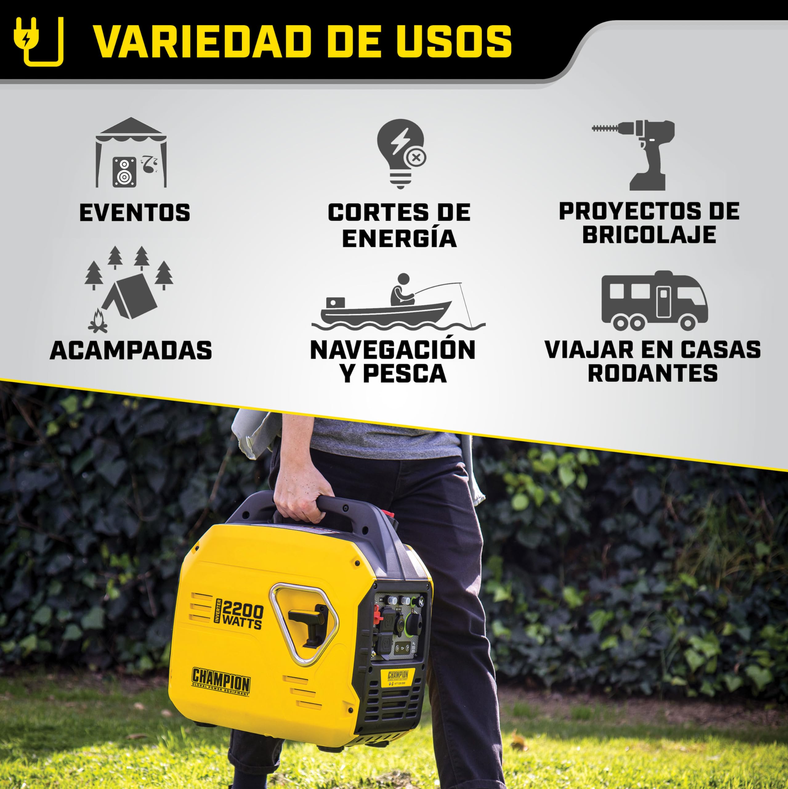 Champion Power Equipment Generador The Mighty Atom (inversor de 2500 W, 53 dBA - 7 m de distancia, toma de 12 V CC y adaptador USB de doble puerto, para camping / exteriores) 9200i-EU
