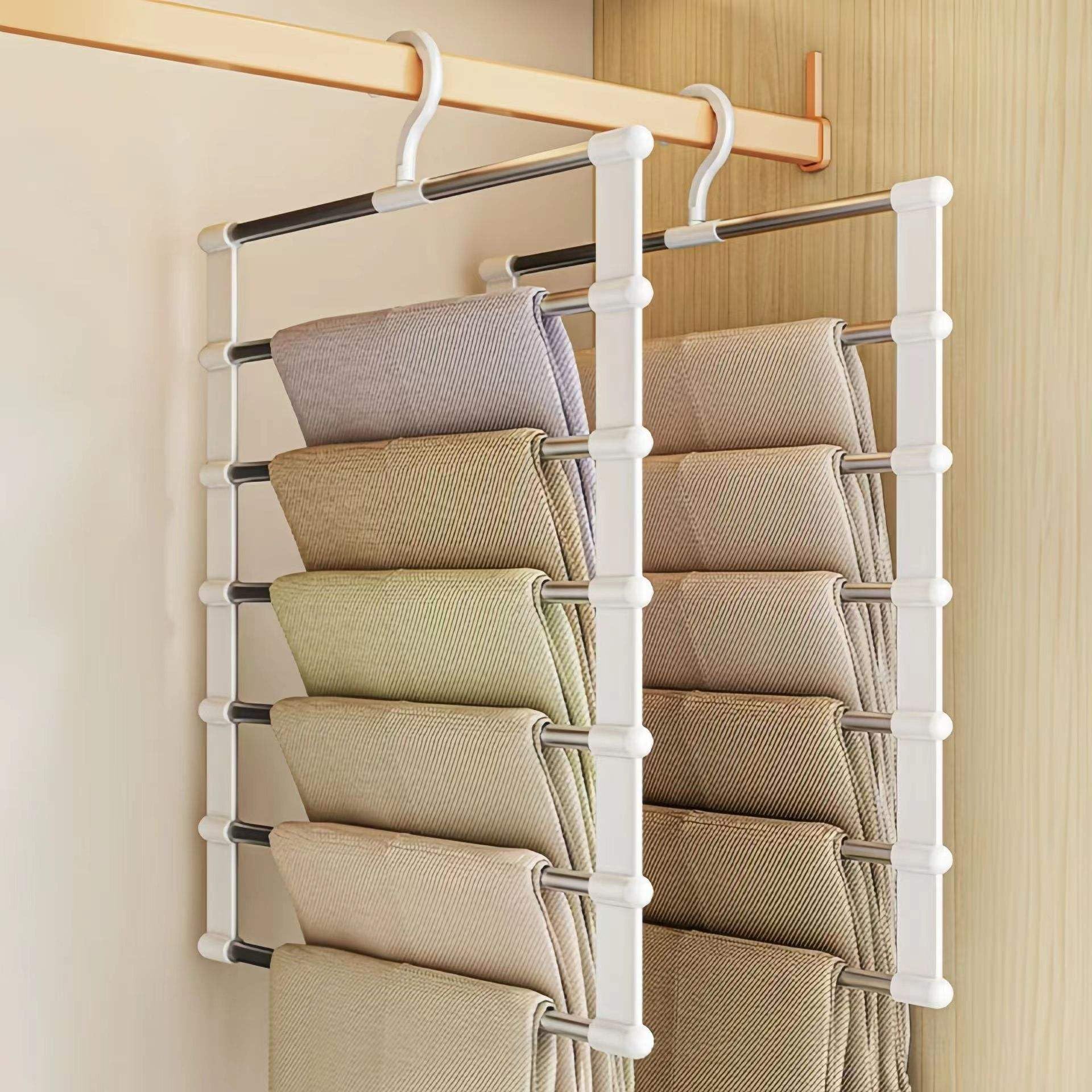 5 Layer Folding Pants Hangers - Stainless Steel Multi-Tier Closet Organizer Space-Saving Hanger for Jeans, Trousers, Leggings Multi-Layer Pant Organizer for Wardrobe, Clothes (2 Pcs)