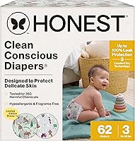 Honest Clean Conscious Diapers Size 3 (16-28 lbs), 62 Ct | 100% Leakproof, Hypoallergenic, Plant-Based for Sensitive Skin | Winter '25 Prints