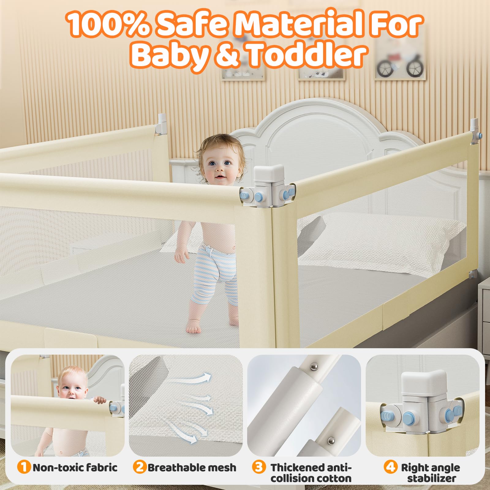 Barandilla de cama de bebé de 3 piezas para tamaño Queen, protector