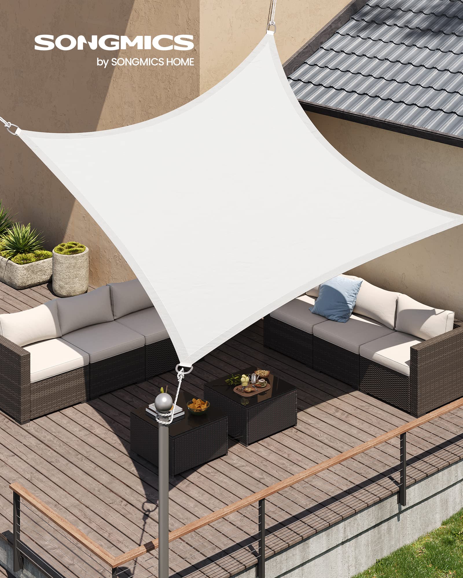 SONGMICS Vela Parasole 3 x 3 m, Impermeabile con Colonna d'Acqua 665 mm, Tenda da Sole Poliestere Antistrappo, Anti UV 93%, Terrazza Giardino Balcone, Quadrata, Corde 2 m, Bianco GSH33IVV1