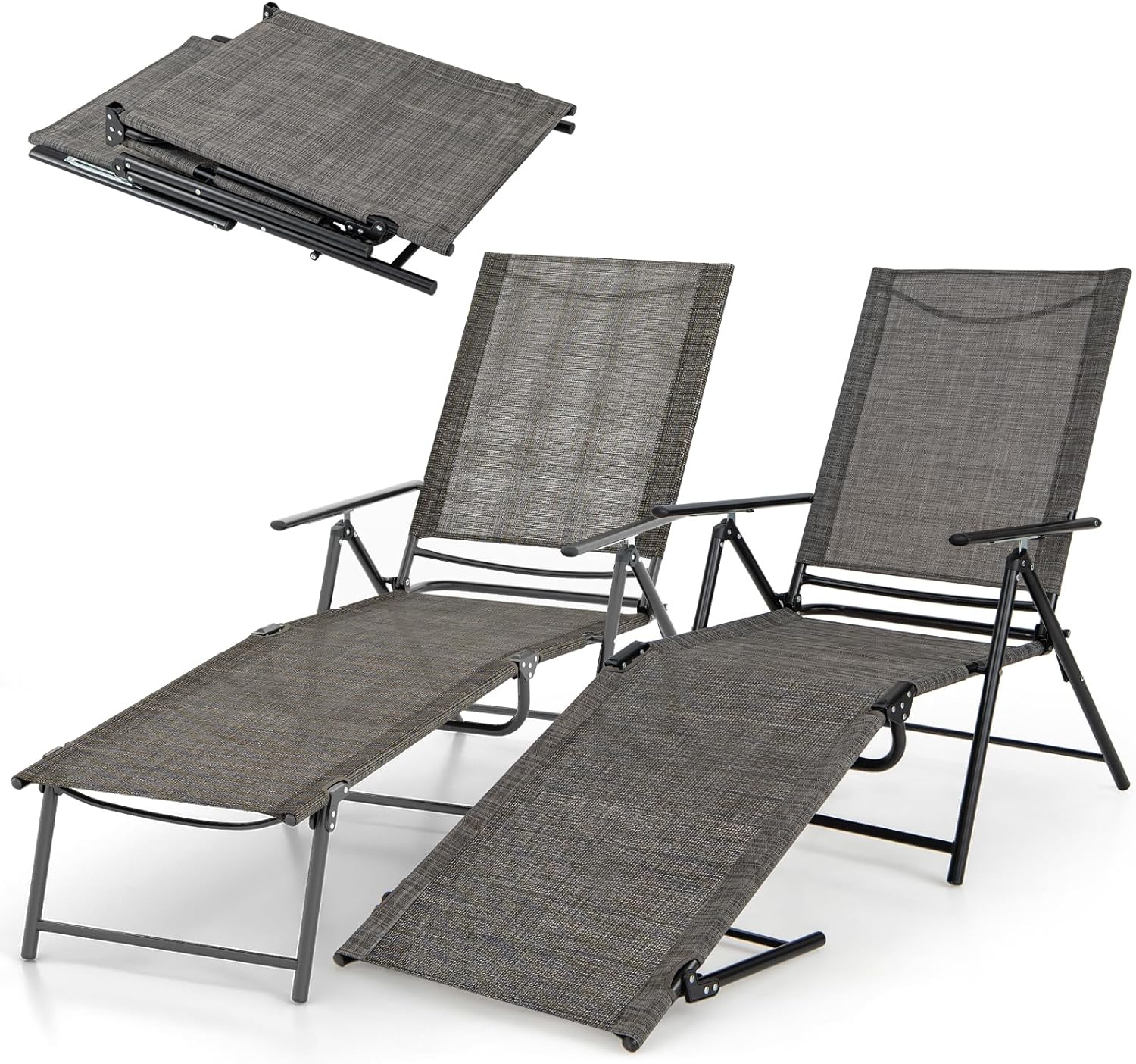 Giantex Lounge Chair Outdoor Set of 2 - Tanning Chair with 6 Adjustable Backrest, 2-Level Footrest, Folding Sunbathing Lounger for Patio, Poolside, Yard, Chaise Lounge Chair, Beach Chair (Brown)