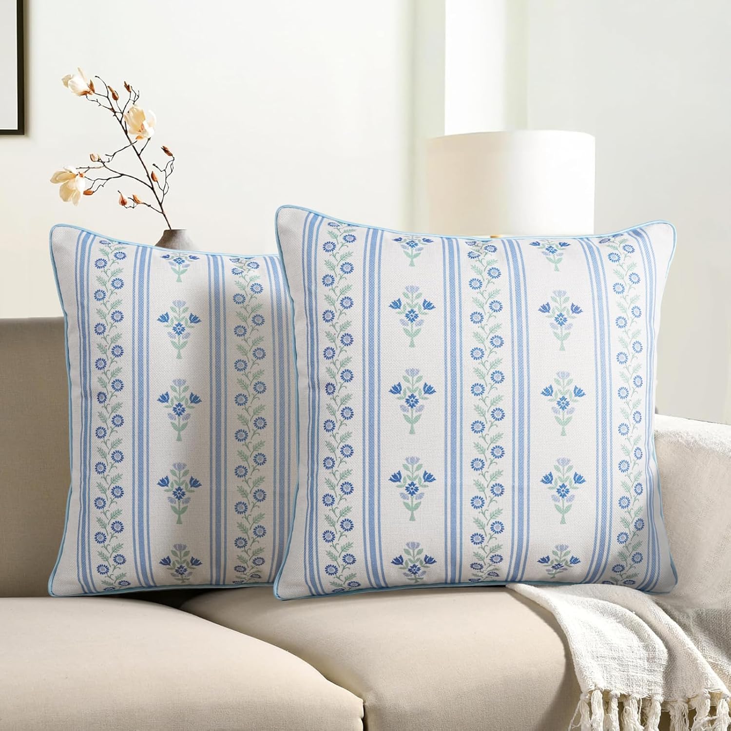 JASEN Decorative Elegant Floral Vintage Blue Throw Pillow Covers Pack of 2, Boho Cotton Linen Blend Pillow Cases for Couch Living Room Farmhouse Decor 18x18 Inch (Azure Blossoms, 18" x 18")