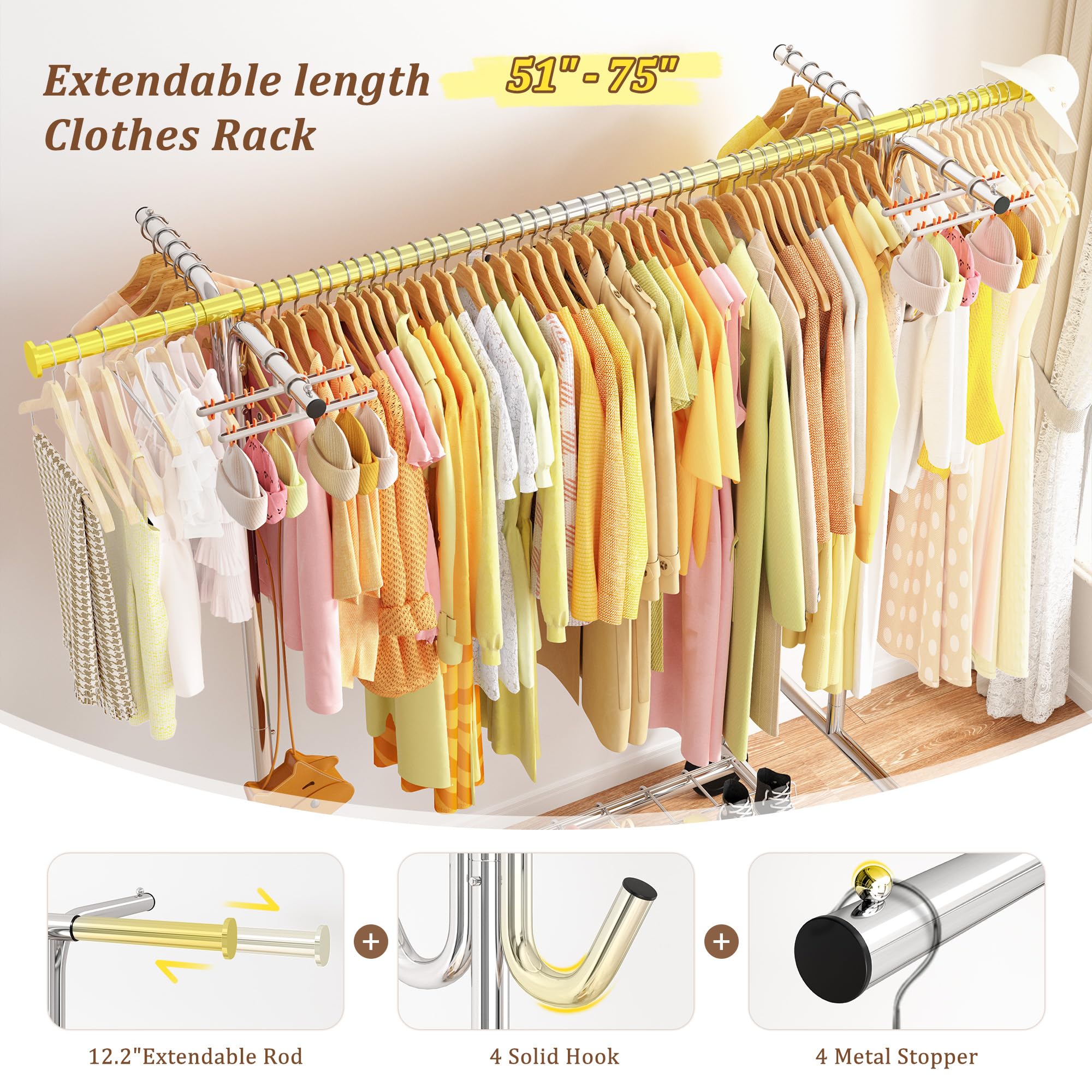 Raybee Clothing Rack,440LBS Heavy Duty Clothes Rack with Shelf and Hooks Adjustable Rolling Clothes Rack Portable Garment Rack, Chrome