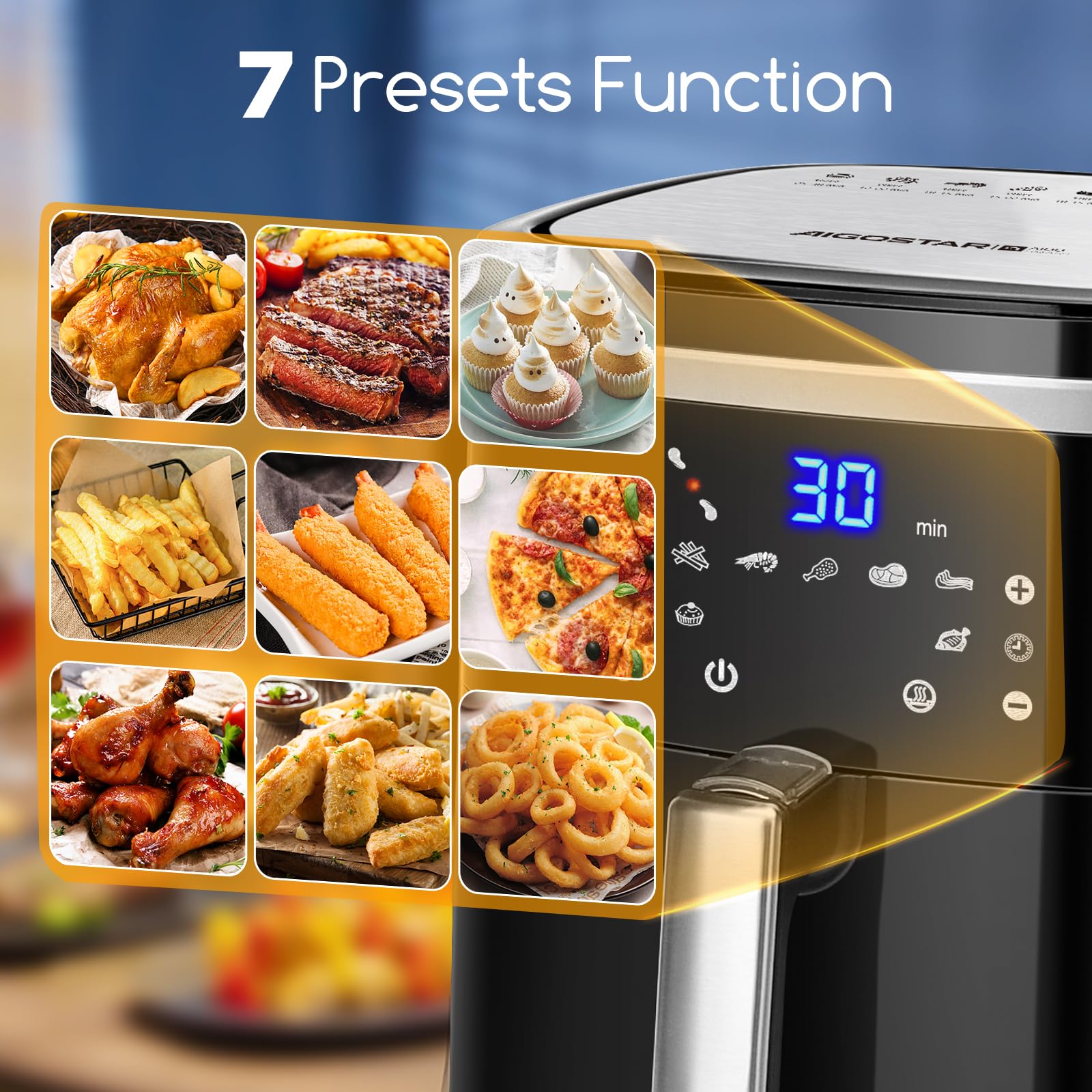Aigostar Cube - Friteuse à air sans huile de XXL, 1900W, 7L air fryer. Livre de recettes inclus. Mode manuel et fonction maintien au chaud. Panneau tactile LED, 7 préprogrammes