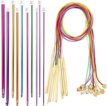 23 Pieces Tunisian Crochet Hooks Kit Including 12pcs 3-10 mm Bamboo Knitting Needle with Bead Carbonized Bamboo Needle + 11pcs 2-8 mm Multi Color Tunisian Afghan Aluminum Crochet Hooks
