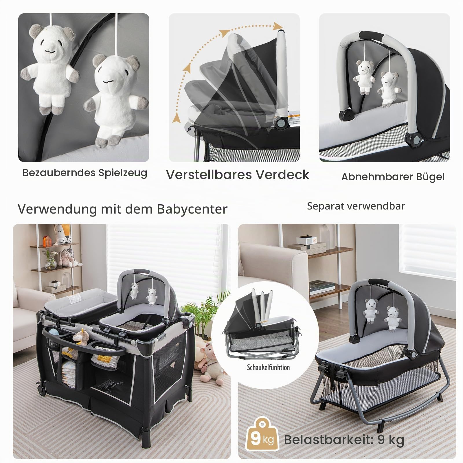LIFEZEAL Babybett Faltbar mit Windelhalter & Tragetasche, 4 in 1 Abnehmbares Reisebett mit Matratze & Wickelauflage, Kinderreisebett mit Spieluhr & Puppe, Babywiege für 0-36 Monate (Grau)