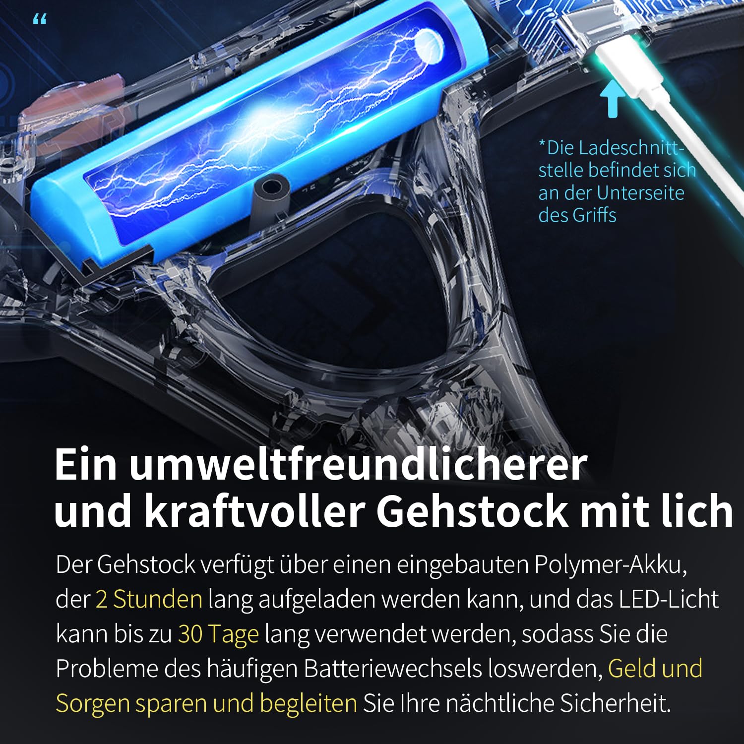 Faltbarer Gehstock, multifunktionaler Gehstock mit Licht, modische Gehstöcke für Damen und Herren, verstellbare Gehstöcke für Senioren, USB-Direktladung, leicht und tragbar