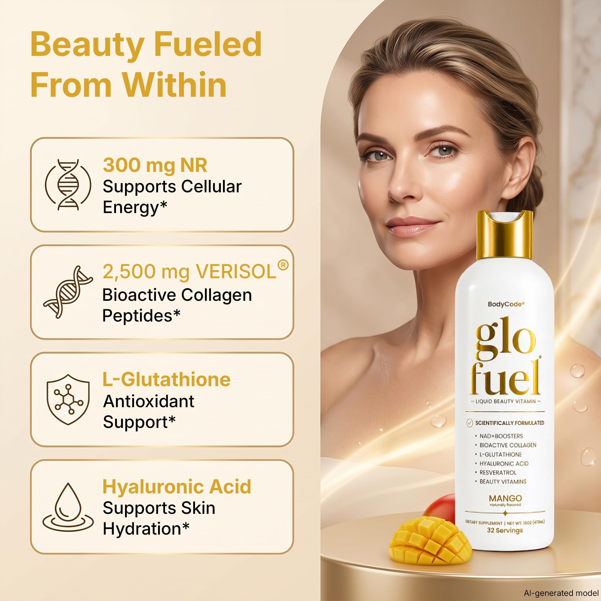 Glo Fuel NAD+ Supplement, Liquid Beauty Vitamin for Women with 300 mg Nicotinamide Riboside (NR), VERISOL® Bioactive Collagen, L-Glutathione, Resveratrol & Hyaluronic Acid | Mango | 32 Servings — Amazon image 4