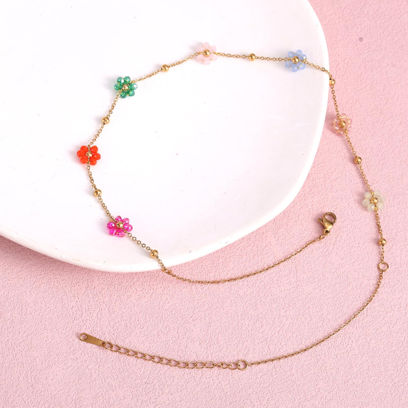 Mikovivi Naszyjnik z Koralików Kwiatowych, 40+5 cm Naszyjnik z Koralików w Kwiaty Stokrotki Modne Regulowane Naszyjniki Słodka Kolorowa Biżuteria Choker dla Kobiet