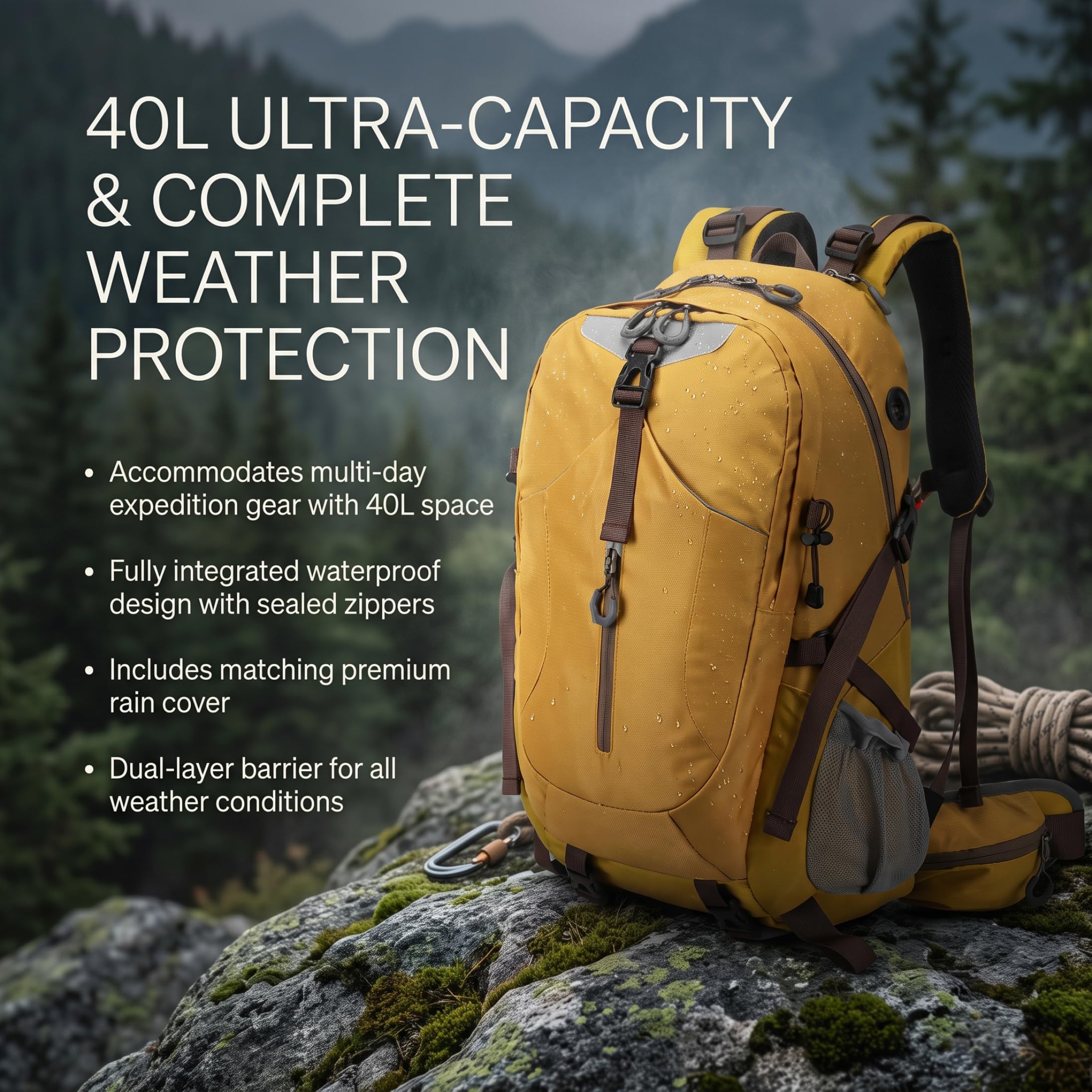 Rucksack Wandern für Männer Frauen, wasserdichter Campingrucksack, gelb