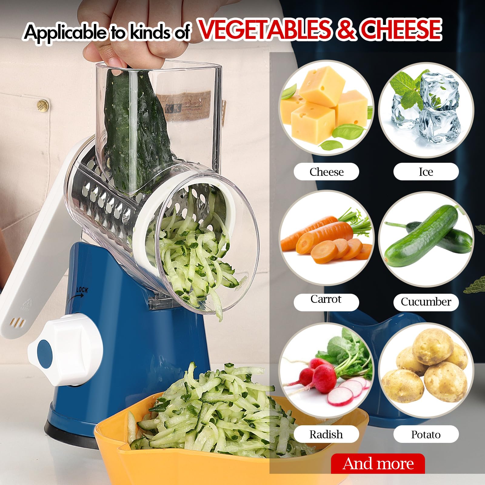 Ourokhome Râpe à fromage rotative à manivelle - Mandoline de cuisine - Rasoir à glace avec poignée et lames de tambour pour fromage, légumes, noix, chocolat, pommes de terre, carotte, 5 lames, bleu
