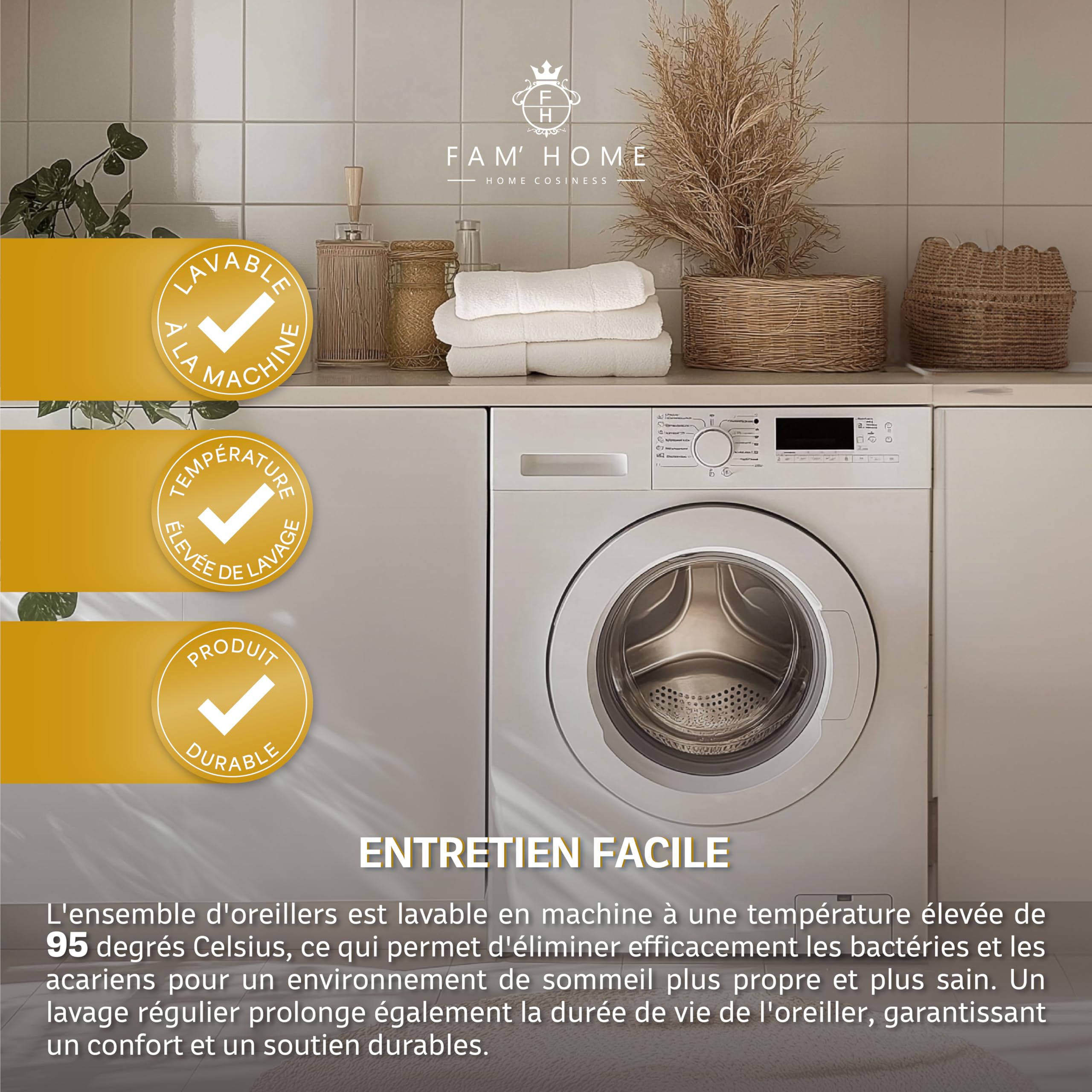 FAM' Home de Luxe Coussin 50x70 Lot de 2 - Garnissage volumétrique (720g) - Blancs ergonomiques - Entretien Facile - Lavable Jusqu’à 95 °C - Moelleux Oreiller 50x70 Hypoallergéniques - Anti acarien