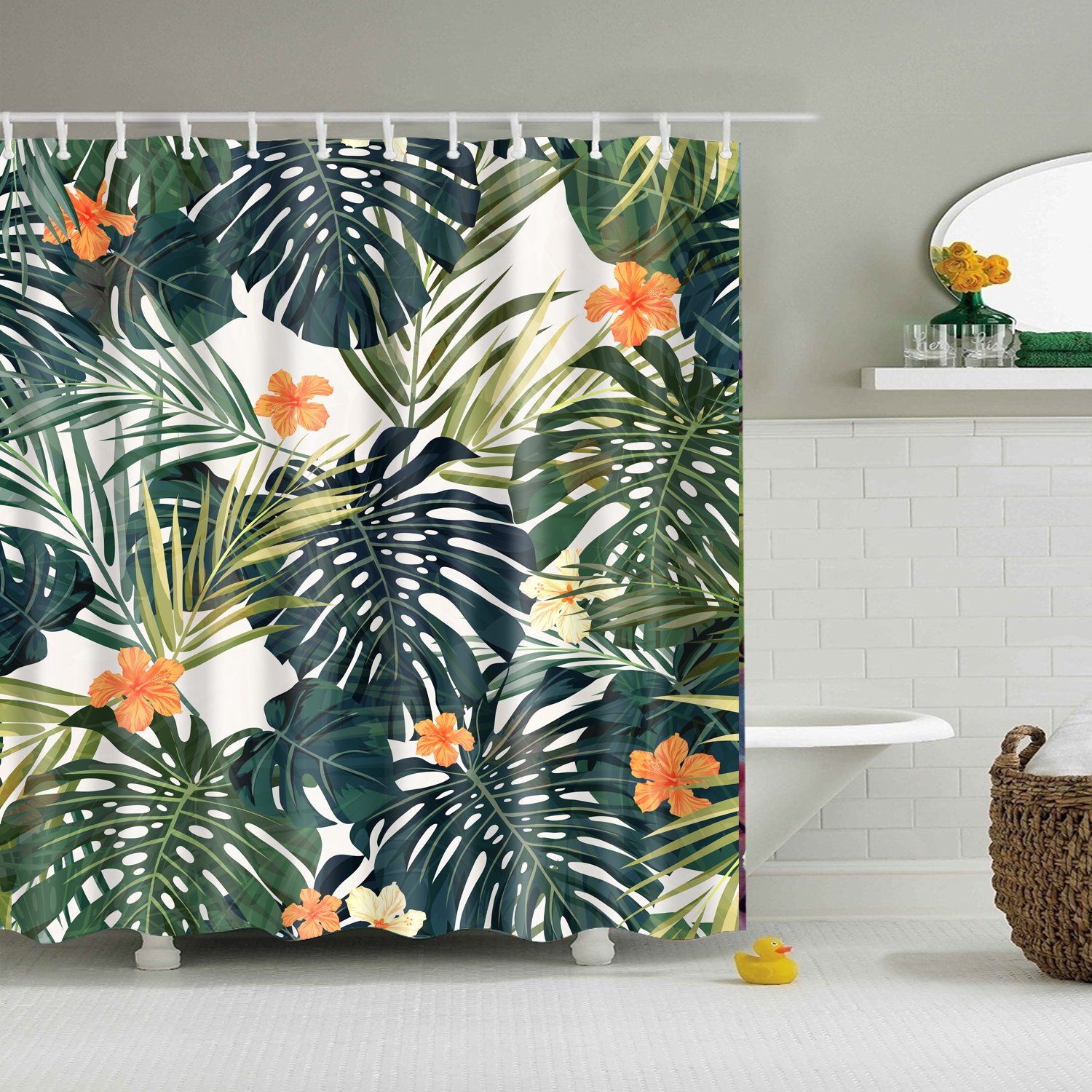 StoneMaxi 180x180cm Flower Shower Curtain for Bathroom, 100% Polyester Fabric Waterproof Anti-Mould Proof Resistant, Quick-Drying, Washable with 12 Pcs Hooks (71 x 71 Inch) (Leaf-2)